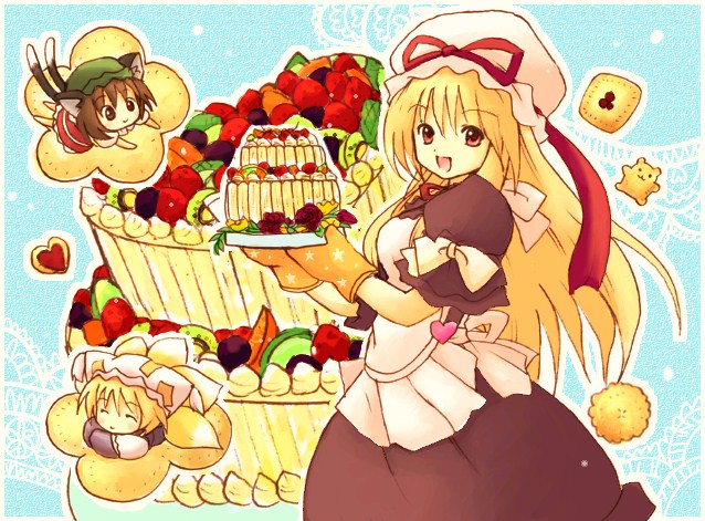 eijima moko, chen, yakumo ran, yakumo yukari, touhou, bad id, bad pixiv id, 3girls, animal ears, blonde hair, blue background, brown hair, cake, cookie, female focus, food, fruit, hat, heart, long hair, mittens, mob cap, multiple girls, multiple tails, oven mitts, short hair, smile, tail