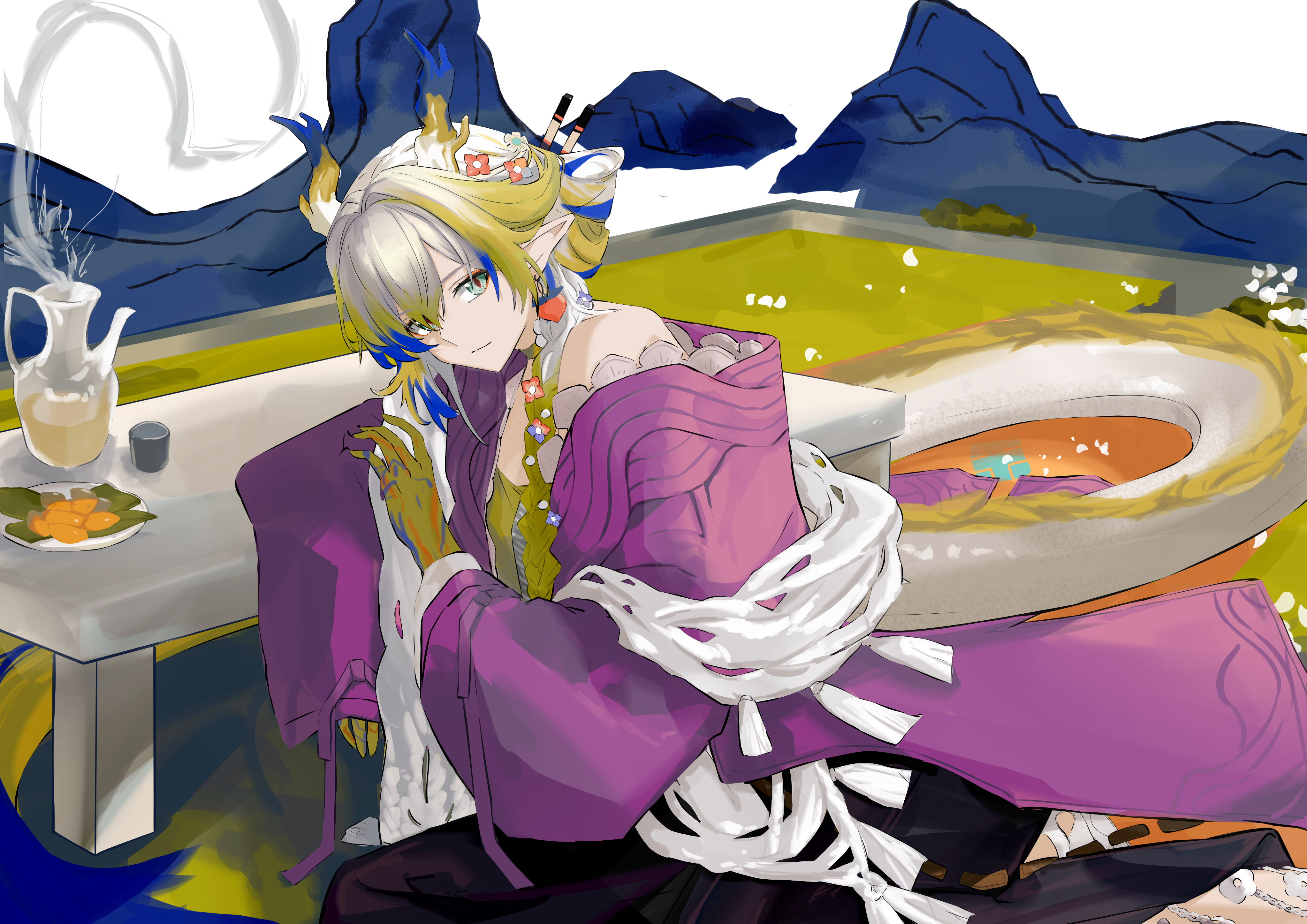shuuka, shu (arknights), shu (spring feast) (arknights), arknights, absurdres, commentary, highres, 1girl, bare shoulders, blonde hair, blue hair, closed mouth, coat, colored extremities, dragon girl, dragon horns, dragon tail, flower, green eyes, grey hair, hair between eyes, hair flower, hair ornament, horns, light smile, long hair, long sleeves, looking at viewer, multicolored hair, official alternate costume, plate, pointy ears, purple coat, shawl, single sleeve past wrist, sitting, solo, table, tail, white shawl