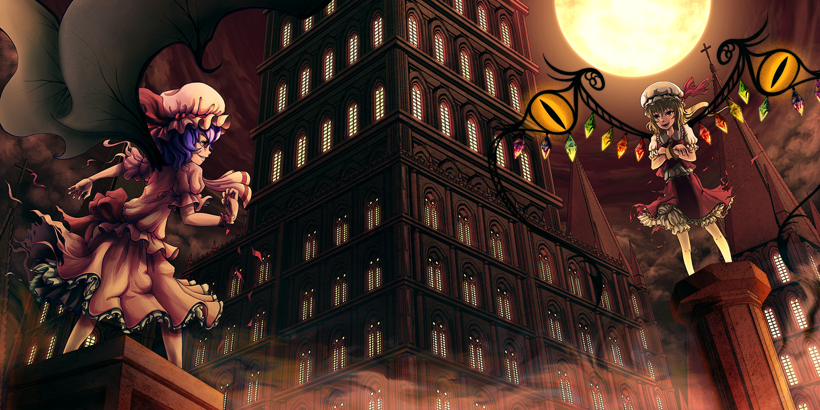 minusion, flandre scarlet, remilia scarlet, touhou, bad id, bad pixiv id, highres, 2girls, alternate wings, bat wings, blonde hair, building, female focus, hat, moon, multiple girls, ponytail, purple hair, red eyes, short hair, siblings, side ponytail, sisters, wings, wrist cuffs