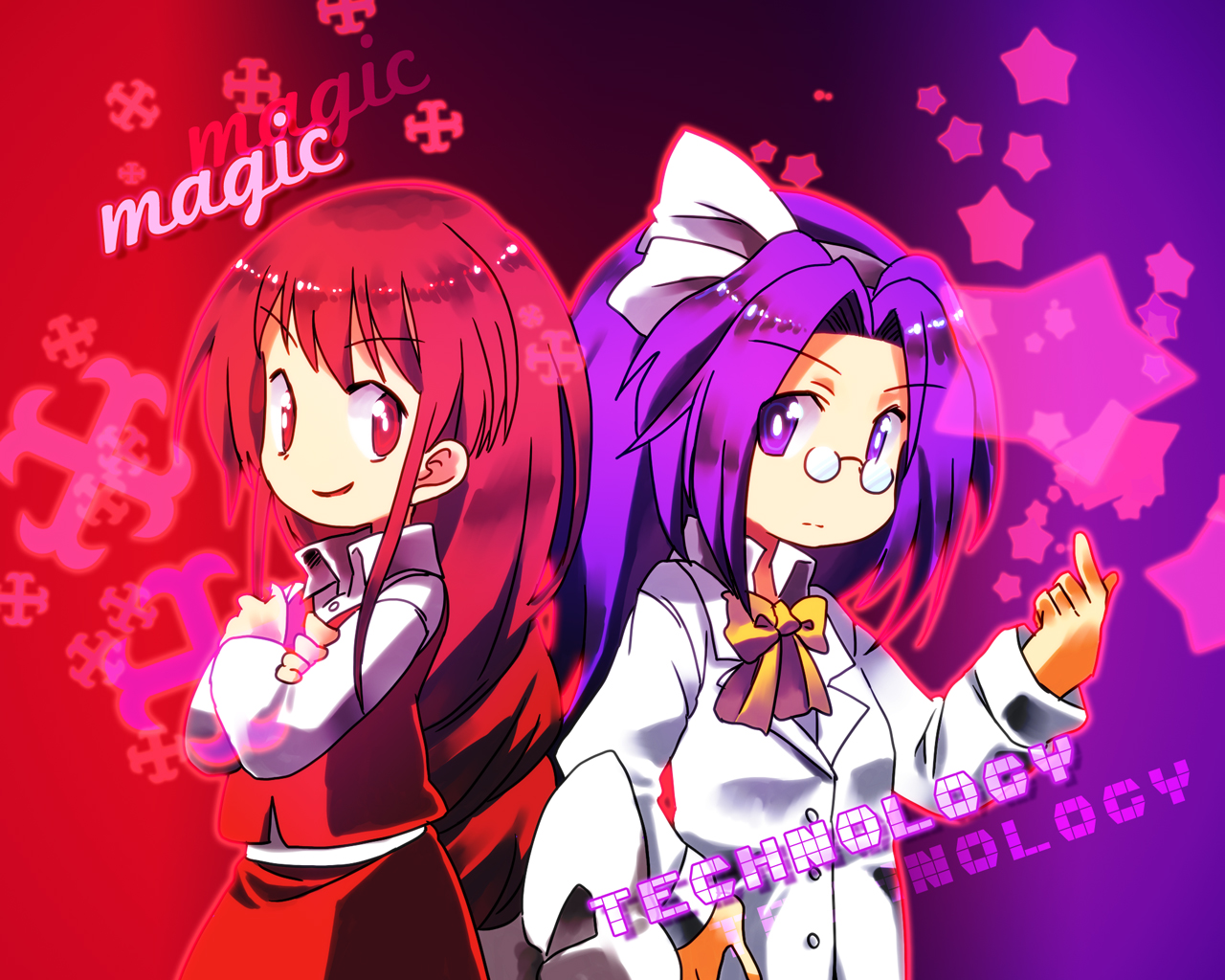 8bit, hachi (8bit canvas), asakura rikako, okazaki yumemi, phantasmagoria of dim.dream, touhou, touhou (pc-98), bad id, bad pixiv id, 2girls, female focus, glasses, lab coat, multiple girls, purple hair, red hair, ribbon, scientist, short hair