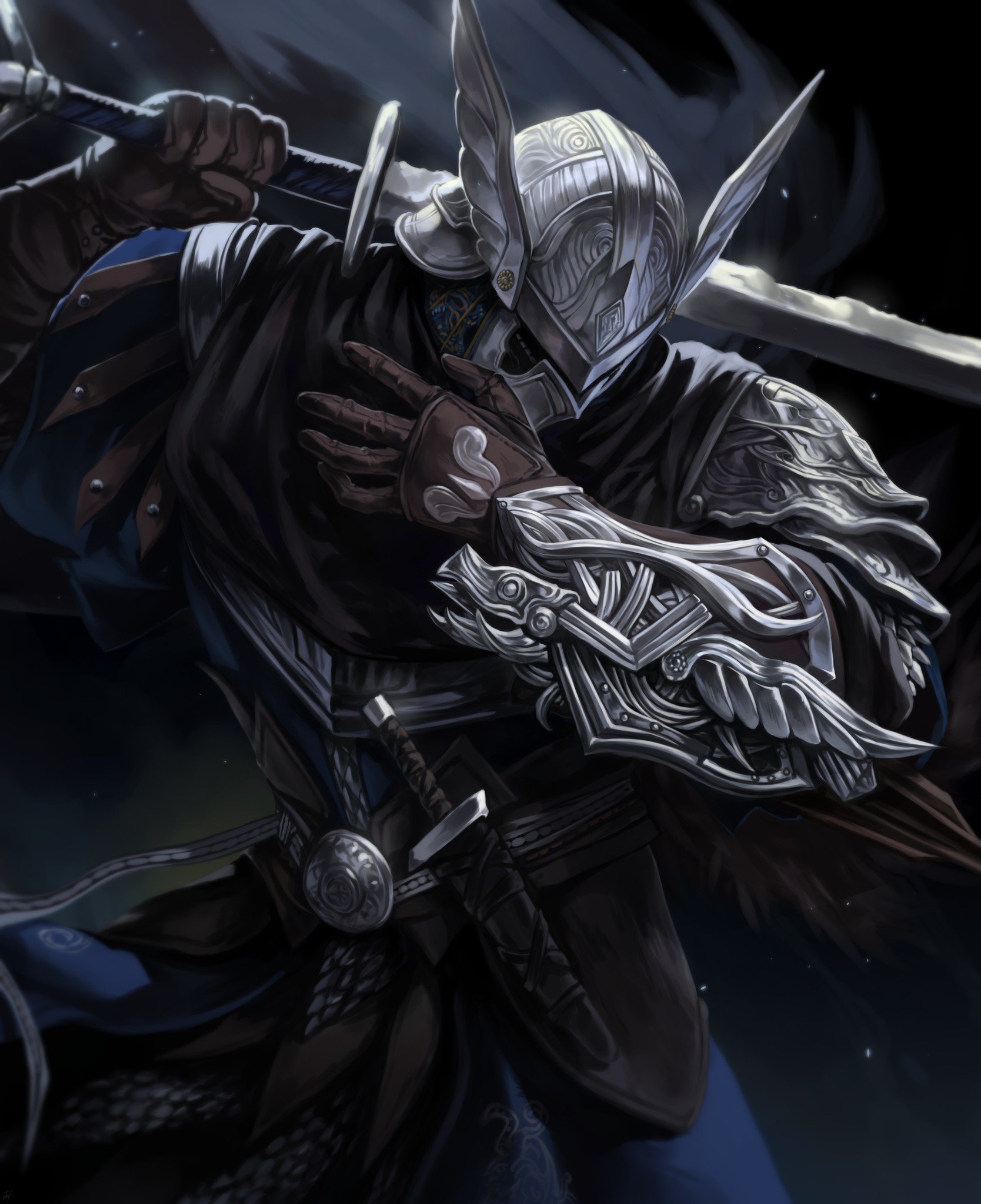 alicetarrandalf, wylder (elden ring), elden ring, elden ring nightreign, commentary, english commentary, highres, 1boy, armor, arms up, black cape, black gloves, blue pants, cape, chainmail, cowboy shot, dagger, gloves, helmet, holding, holding sword, holding weapon, knife, male focus, over shoulder, pants, smoke, solo, sword, sword over shoulder, weapon, weapon over shoulder, winged helmet