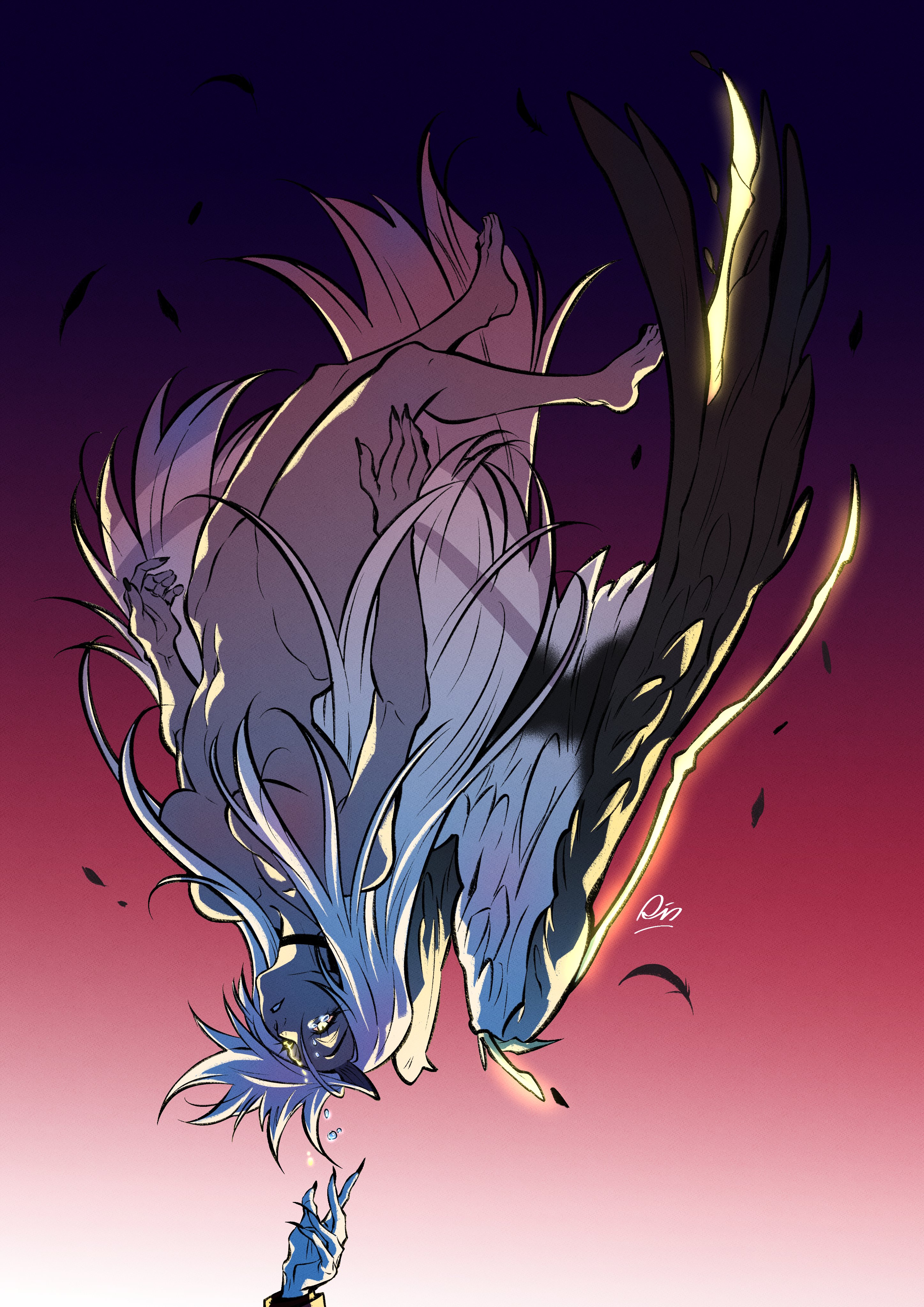 raccoon 404, charlie morningstar, vaggie, hazbin hotel, hellaverse, absurdres, highres, revision, 2girls, angel, angel wings, bleeding, blood, bloody tears, broken wing, colored sclera, colored skin, convenient hair, falling, feathered wings, feathers, fingernails, gold blood, gradient background, grey skin, grey wings, hair over breasts, hair over crotch, long hair, missing eye, multiple girls, out of frame, outstretched hand, pink sclera, sharp fingernails, shedding, shedding feathers, solo focus, tears, very long hair, wings, yellow eyes