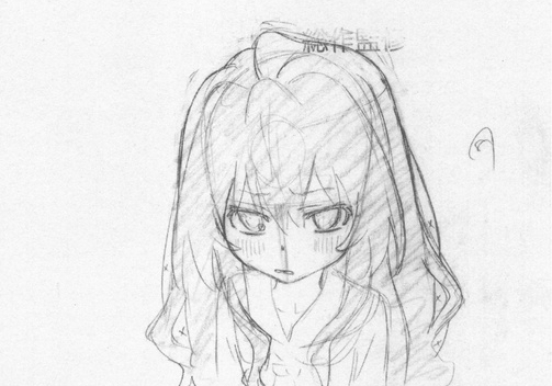 aisaka taiga, toradora!, animated, animated gif, 1girl, blush, female focus, greyscale, lineart, long hair, looking at viewer, looking down, monochrome, school uniform, serafuku, sketch, solo, upper body, white background