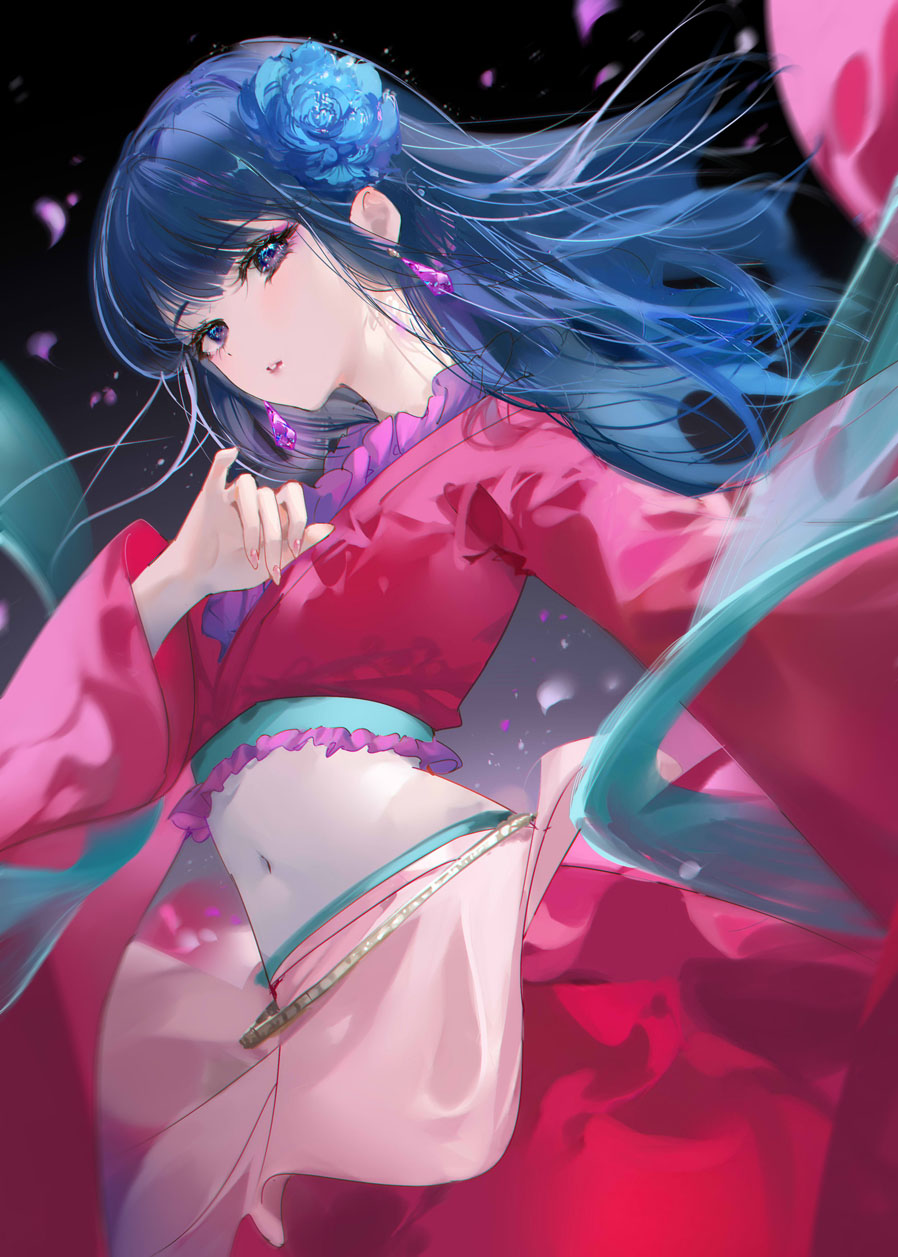 kinokohime, maomao (kusuriya no hitorigoto), kusuriya no hitorigoto, commentary request, highres, 1girl, blue hair, dancing, dress, earrings, flower, frilled dress, frills, hair flower, hair ornament, jewelry, long hair, looking at viewer, midriff, navel, parted lips, pinky out, purple eyes, red dress, red skirt, skirt, solo, teardrop earrings, wide sleeves