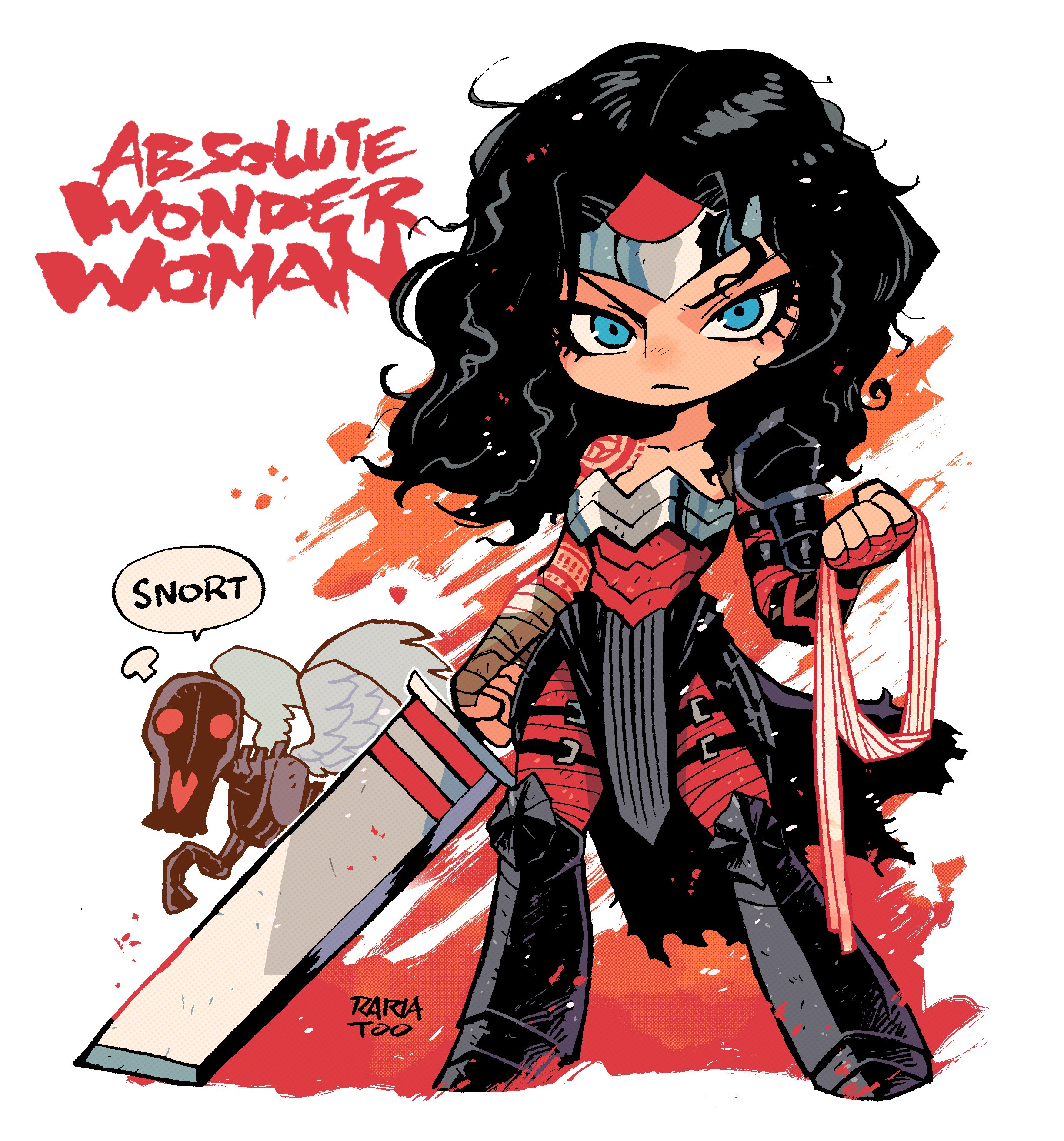 rariatto (ganguri), wonder woman, absolute dc, absolute wonder woman, dc comics, absurdres, commentary request, highres, 1girl, arm tattoo, arm wrap, bare shoulders, black hair, blue eyes, boots, bracer, breasts, cape, character name, circlet, closed mouth, holding, holding sword, holding weapon, huge weapon, jewelry, large breasts, lasso, lasso of truth, long hair, looking at viewer, official alternate costume, red cape, red tattoo, simple background, standing, superhero costume, sword, tattoo, tattoo sleeve, tiara, weapon, wonder woman (absolute dc)