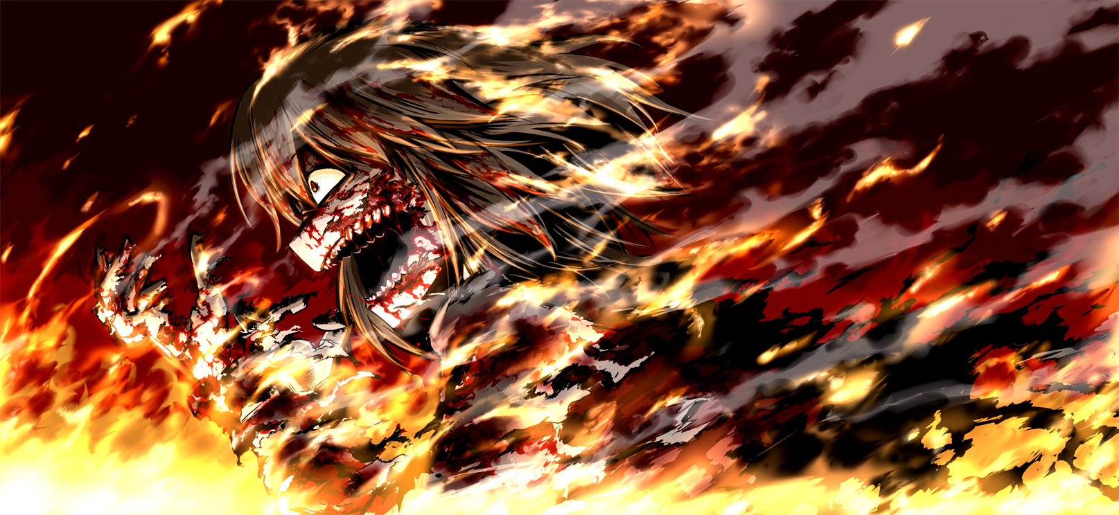 hetza (hellshock), kazami yuuka, touhou, highres, 1girl, blood, burning, burnt clothes, constricted pupils, female focus, fire, gloves, guro, open mouth, red eyes, sharp teeth, short hair, solo, teeth, vest