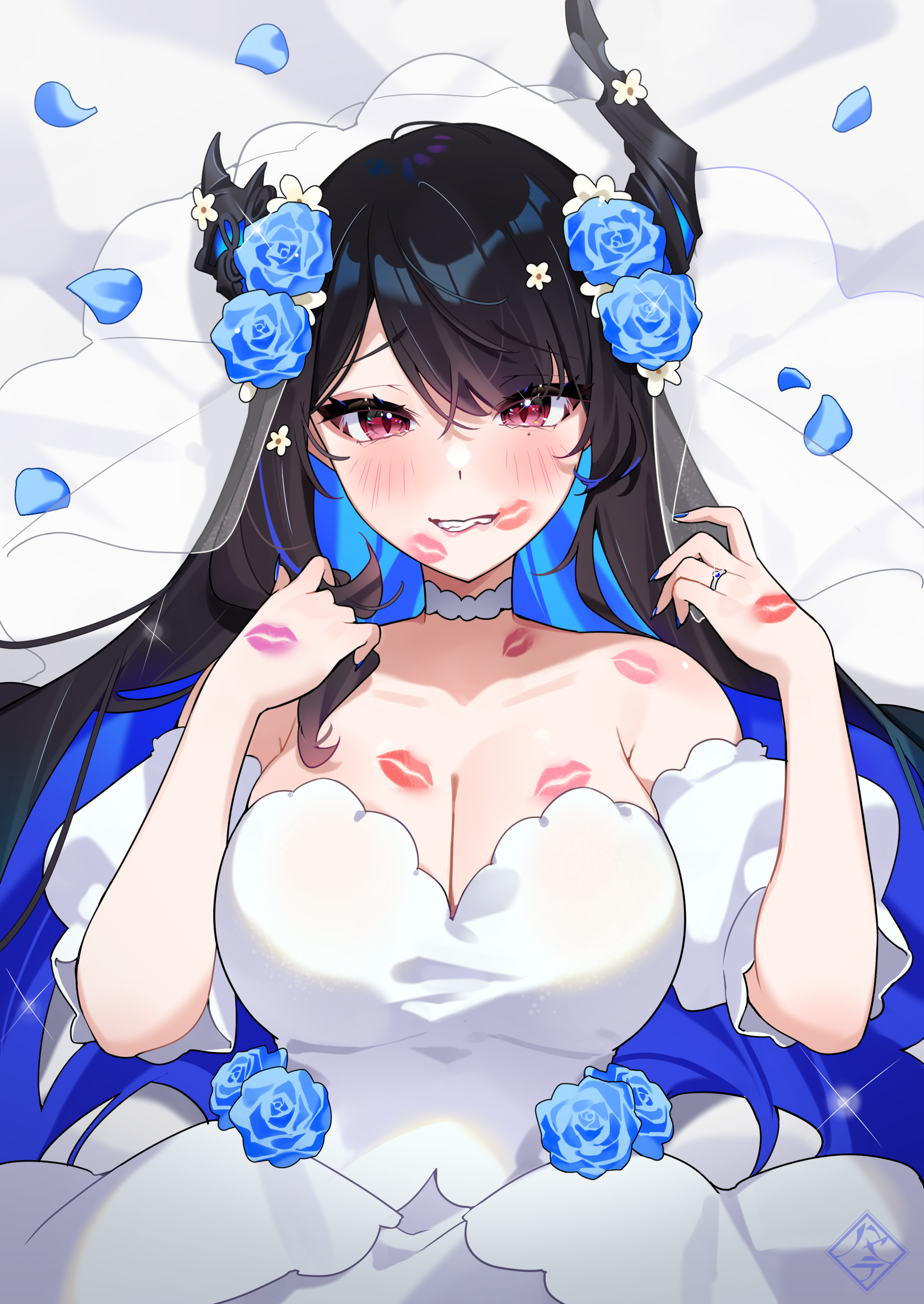 hayate fish, nerissa ravencroft, hololive, hololive english, absurdres, commentary, highres, 1girl, asymmetrical horns, black hair, blue flower, blue hair, breasts, bridal veil, cleavage, colored inner hair, detached sleeves, dress, flower, hair flower, hair ornament, hands up, horn flower, horns, jewelry, large breasts, lipstick mark, long hair, looking at viewer, mole, mole under eye, multicolored hair, oyomeholic (nerissa ravencroft), petals, puffy detached sleeves, puffy short sleeves, puffy sleeves, purple eyes, ring, short sleeves, sidelocks, slit pupils, solo, strapless, strapless dress, uneven horns, upper body, veil, very long hair, virtual youtuber, wedding dress, wedding ring, white dress, white flower