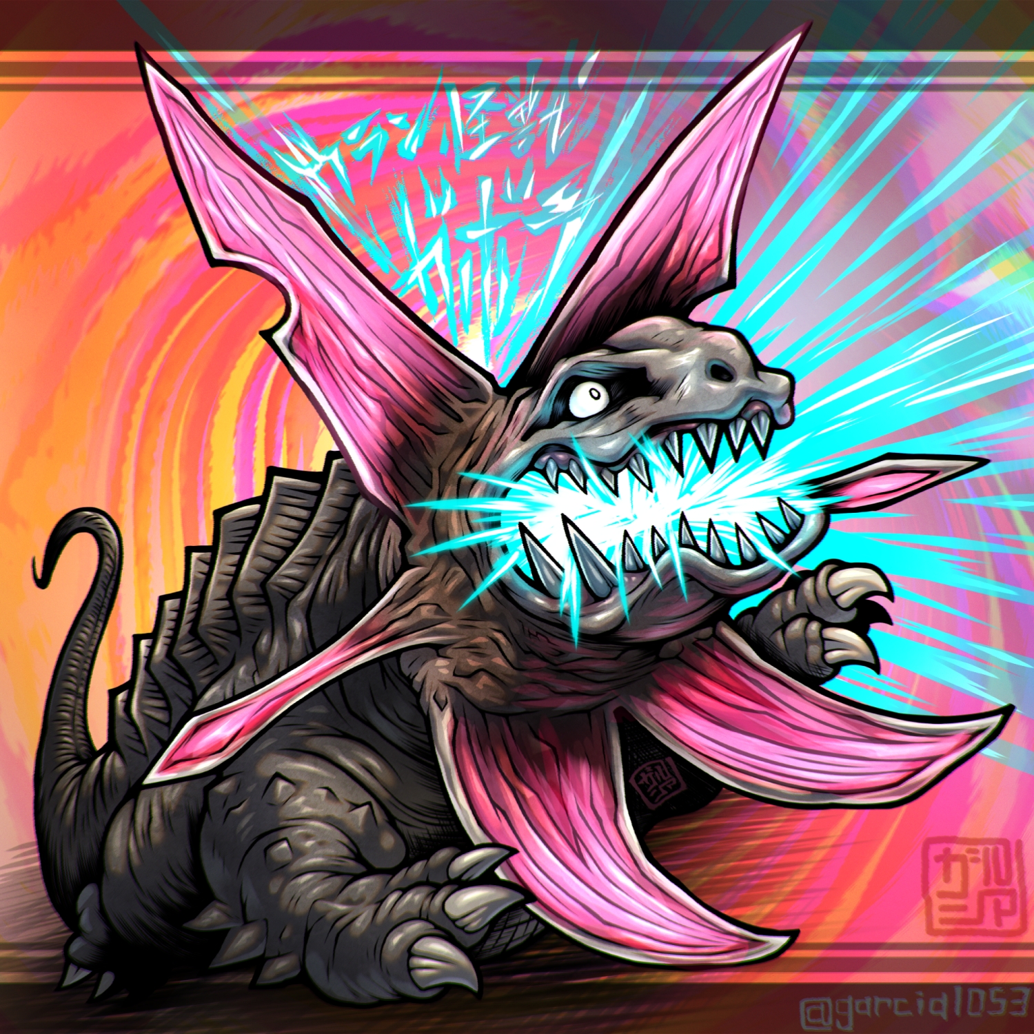 levanshousa913, gabora, tokusatsu, ultra series, ultraman (1st series), commentary request, highres, partial commentary, translated, artist name, breath weapon, character name, claws, colored skin, frill (anatomy), giant, giant monster, glowing, grey skin, kaiju, lying, no humans, nostrils, on stomach, open mouth, sharp teeth, signature, spikes, tail, teeth, toe claws, white eyes