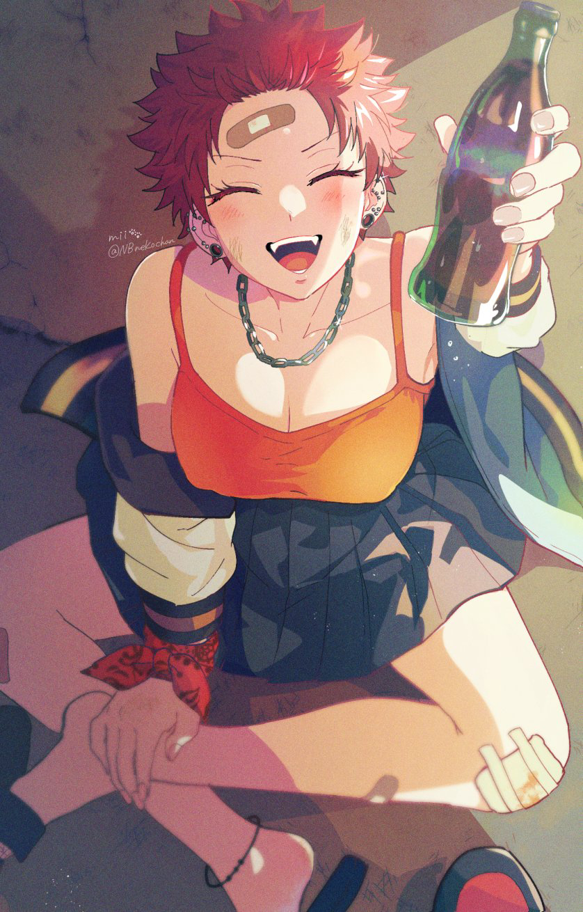 nbnekochan, harai kuko, hypnosis mic, silver necklace, commentary request, highres, 1girl, :d, ^ ^, anklet, arm up, armpits, artist name, bandaid, bandaid on face, bandaid on forehead, bandana, bandana around arm, black sandals, black skirt, blue jacket, bottle, breasts, chain, chain necklace, cleavage, closed eyes, collarbone, colored eyelashes, concrete, covered erect nipples, crack, cracked wall, dirty, dirty face, ear piercing, earrings, eyelashes, facing viewer, fangs, feet, film grain, fingernails, from above, full body, gauze on knee, genderswap, genderswap (mtf), grin, hair slicked back, hand on own ankle, harai kuko (tdd era), holding, holding bottle, indian style, jacket, jewelry, large breasts, miniskirt, multicolored jacket, multiple piercings, necklace, off shoulder, on ground, open clothes, open jacket, open mouth, orange tank top, outstretched arm, piercing, pink nails, pleated skirt, plug (piercing), pov, pov legs, red bandana, red hair, sandals, shiny forehead, short hair, sidelighting, silver chain, sitting, skirt, slides, smile, soda, soda bottle, solo focus, spiked hair, stud earrings, sukajan, tank top, twitter username, two-tone jacket, v-shaped eyebrows, very short hair, white jacket