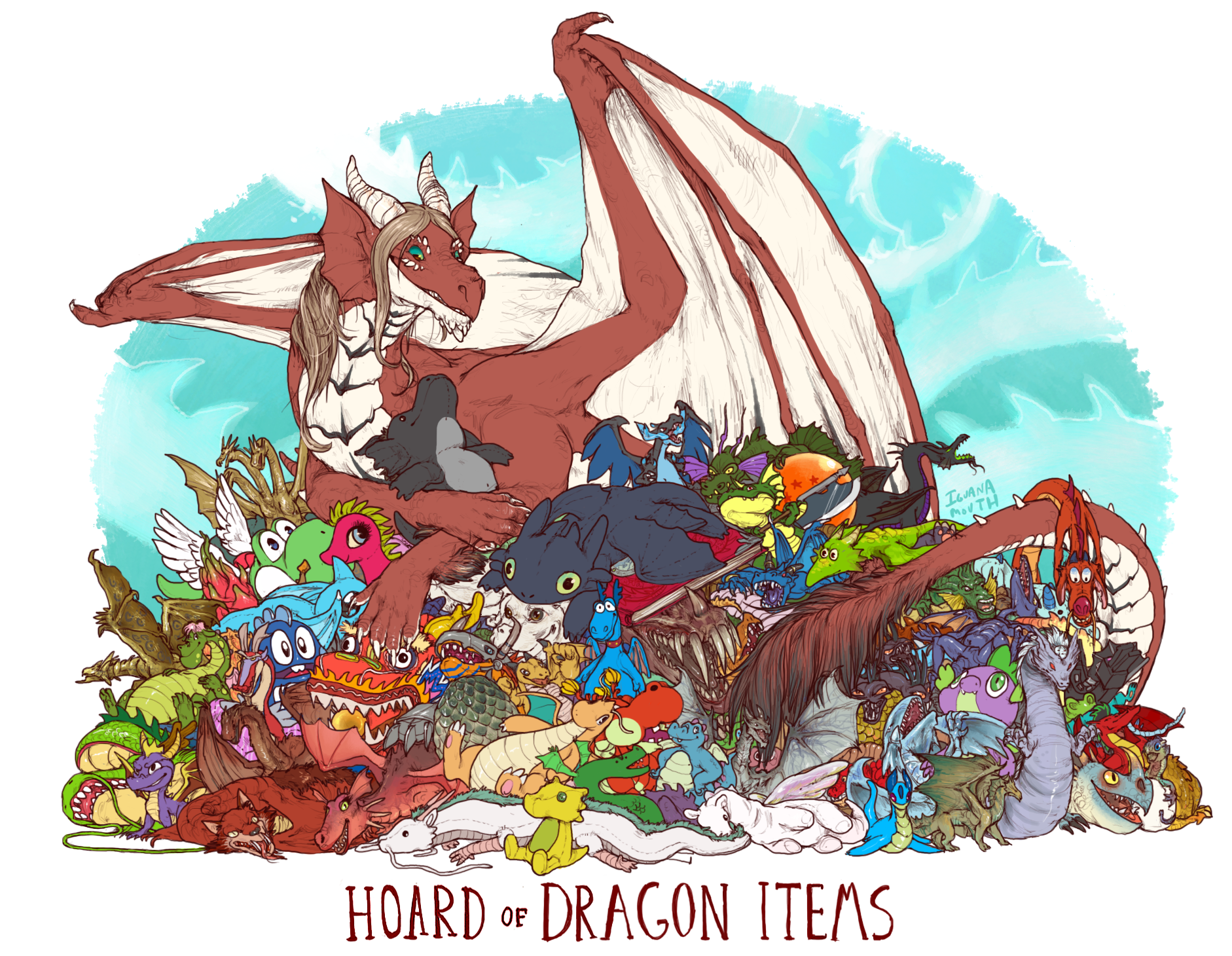 iguanamouth, blue-eyes white dragon, bob (bubble bobble), charizard, dragonite, falkor, gold rathian, haku (sen to chihiro no kamikakushi), hooktail, jake long, king ghidorah, maleficent, mega charizard x, metalgreymon, mushu (disney), ridley, shenron (dragon ball), smaug, spike (my little pony), spyro the dragon, toothless, trogdor the burninator, valoo, yoshi, a song of ice and fire, american dragon jake long, blue dragon, bubble bobble, digimon, dragon ball, game of thrones, godzilla (series), hercules (1997 movie), homestar runner, homestuck, how to train your dragon (series), mario (series), metroid, monster hunter (series), mulan (movie), nintendo, original, paper mario, paper mario: the thousand-year door, pokemon, sen to chihiro no kamikakushi, shrek (series), sleeping beauty (disney), spyro (series), the hobbit, the legend of zelda, the legend of zelda: the wind waker, the neverending story, tolkien's legendarium, yu-gi-oh!, annotation request, character request, commentary, commission, copyright request, english commentary, highres, artist name, axe, baby dragon, black eyes, black hair, blonde hair, blue background, blue dragon (blue dragon), blue eyes, blue skin, book, border, brown eyes, brown scales, claws, colored sclera, colored skin, crossover, digimon (creature), dragon, dragon (shrek), dragon ball (object), dragon fruit, eastern dragon, egg, english text, fangs, fins, gen 1 pokemon, gradient hair, green eyes, green scales, green sclera, green skin, halberd, head fins, horns, hug, hugging doll, hugging object, hydra (disney), long hair, mega pokemon, multicolored hair, multiple crossover, multiple heads, no humans, ology (book series), open mouth, orange scales, pile, pink skin, pokemon (creature), polearm, purple skin, red scales, scalemate, sitting, smile, species connection, spines, stuffed animal, stuffed toy, tail, teeth, weapon, whiskers, white border, white horns, white nails, white scales, white wings, wings, yellow eyes, yellow skin