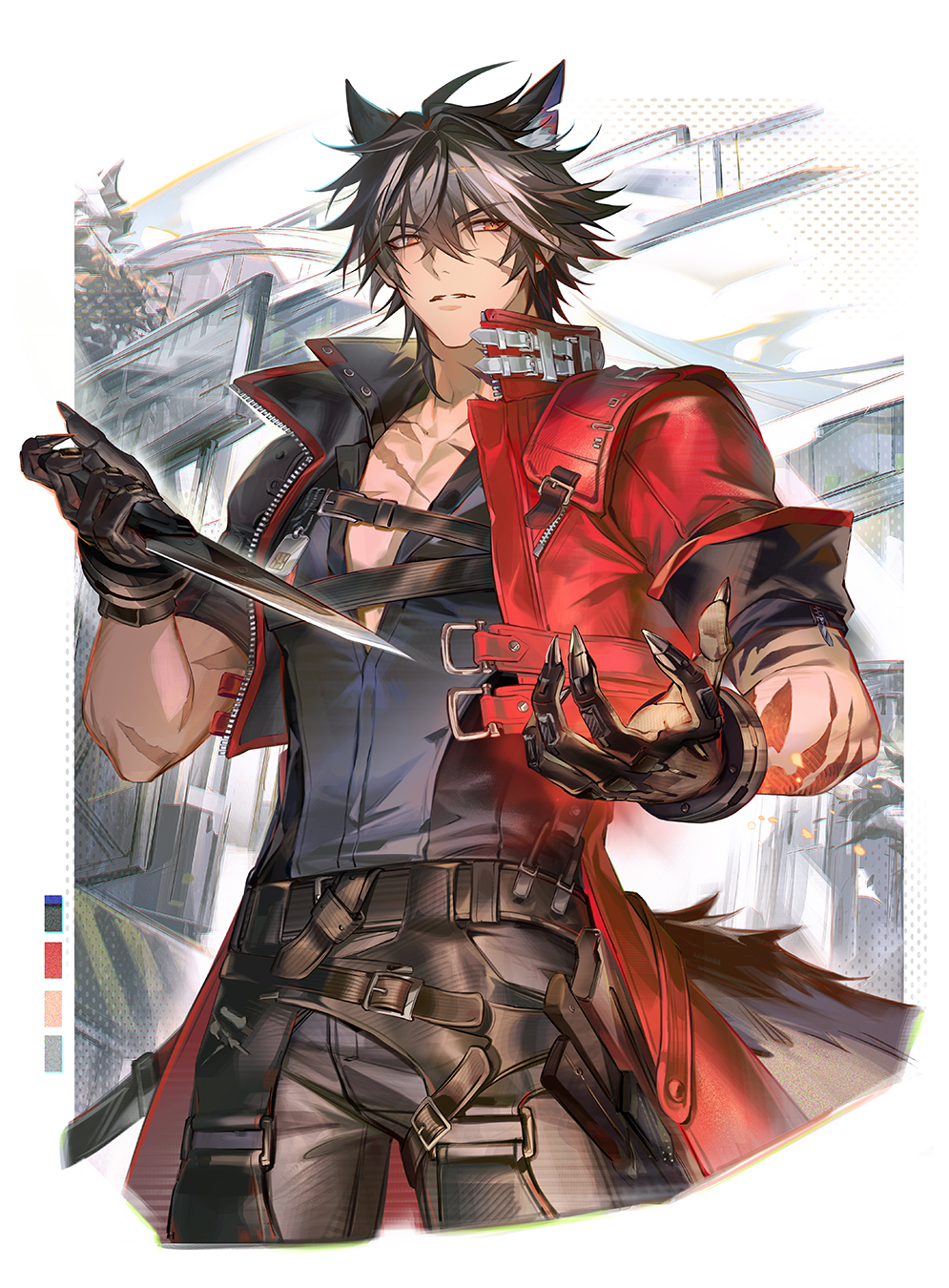 darkavey, wulfgard (arknights), arknights, arknights: endfield, commentary, english commentary, highres, 1boy, animal ear fluff, animal ears, arms up, belt, belt buckle, black belt, black hair, black pants, black shirt, buckle, chest belt, closed mouth, coat, collared coat, color guide, cropped legs, double-parted bangs, facial scar, fingernails, frown, holding, holding weapon, looking to the side, male focus, multiple scars, outdoors, pants, parted bangs, popped collar, red coat, red eyes, scar, scar on arm, scar on cheek, scar on chest, scar on face, sharp fingernails, shirt, solo, tail, unzipped, v-neck, weapon, wolf boy, wolf ears, wolf tail, zipper