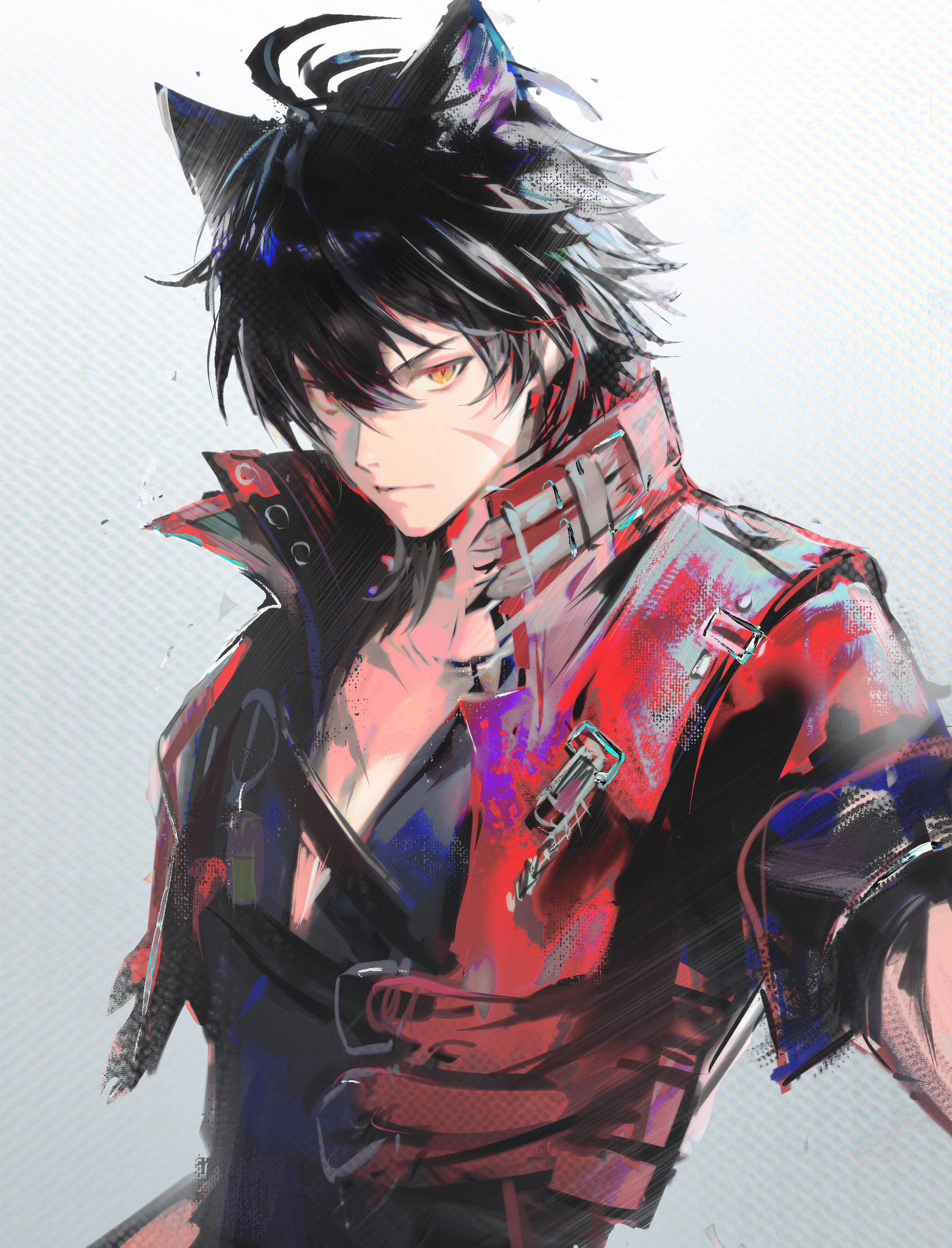 wulfgard (arknights), arknights, arknights: endfield, hashtag-only commentary, highres, unfinished, 1boy, animal ear fluff, animal ears, belt, black belt, black hair, black shirt, chest belt, closed mouth, facial scar, jacket, male focus, multiple scars, orange eyes, popped collar, red jacket, scar, scar on arm, scar on cheek, scar on chest, scar on face, shirt, short hair, sleeve cuffs, solo, v-neck, wangwanghan0723, white background, wolf boy, wolf ears