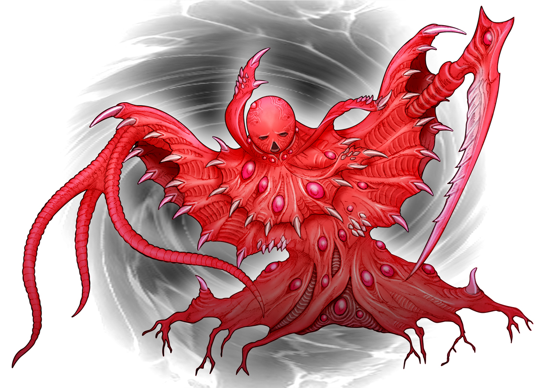 tekkotsu robocon, ultra series, ultraman leo (series), commentary, 1other, alien, colored skin, full body, giant, giant monster, kaiju, looking at viewer, no humans, nova (ultra series), open mouth, outstretched arms, plant roots, pustules, red skin, redesign, scythe, shoulder spikes, spikes, spiral background, spread arms, tentacles, triangle mouth, veins, white background