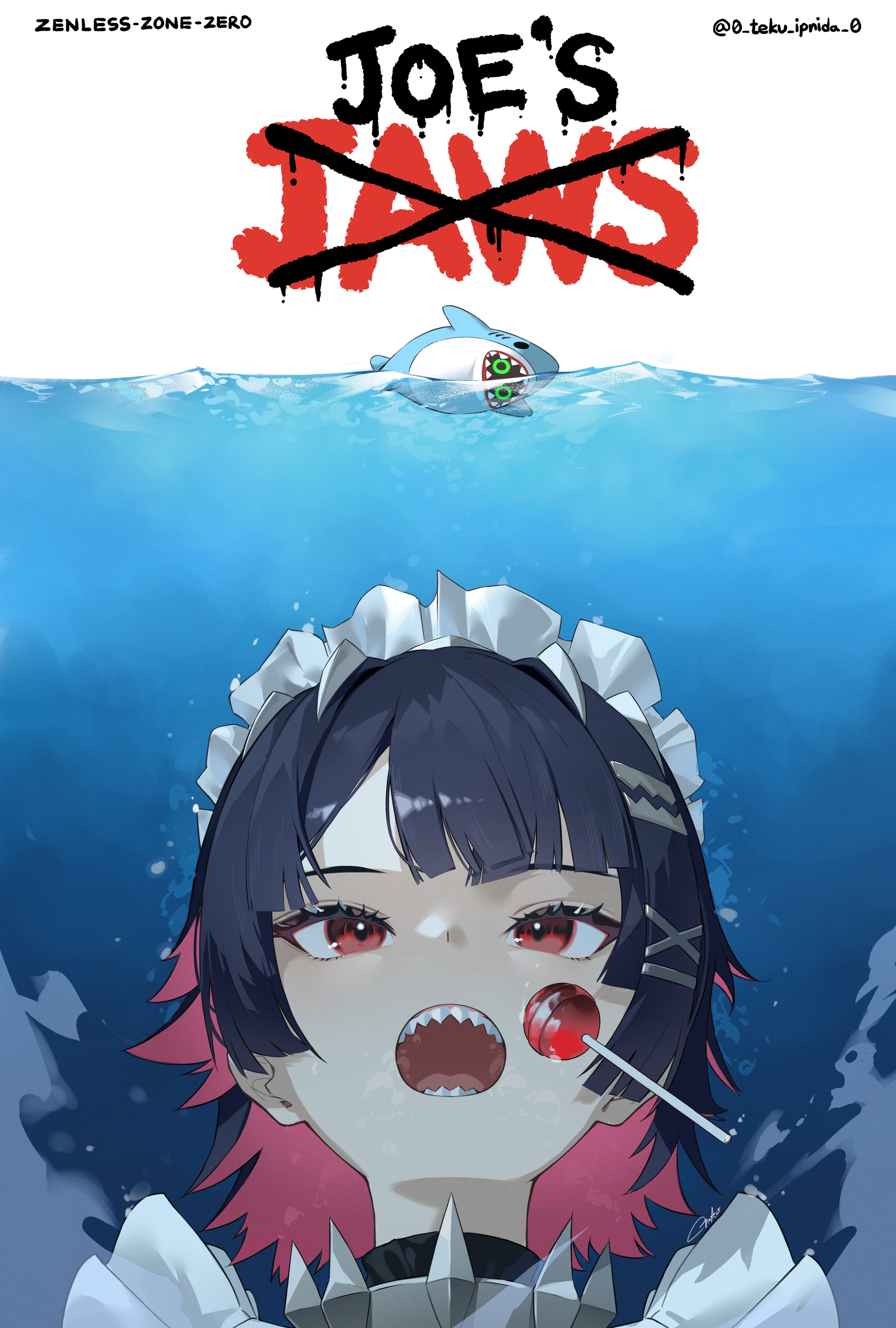 t3ku, bangboo (zenless zone zero), ellen joe, sharkboo (zenless zone zero), jaws (movie), zenless zone zero, absurdres, commentary request, highres, korean commentary, revision, 1girl, artist name, black hair, candy, colored inner hair, copyright name, food, hair ornament, lollipop, maid headdress, medium hair, movie poster (medium), multicolored hair, open mouth, parody, poster parody, pun, red eyes, red hair, sharp teeth, signature, solo, swimming, teeth, twitter username, underwater
