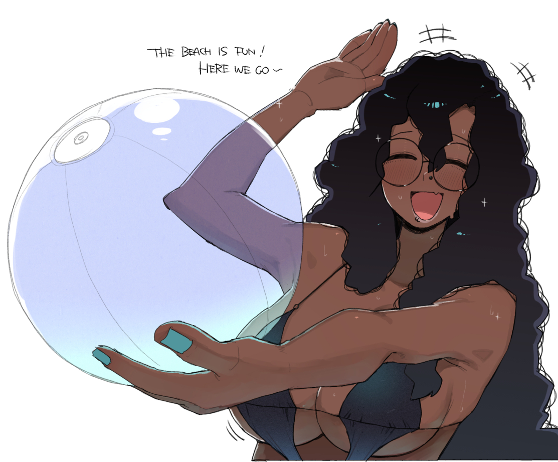ohasi, broccoli (ohasi), original, +++, 1girl, ^ ^, arm up, ball, beachball, black hair, blue nails, breasts, cleavage, closed eyes, dark-skinned female, dark skin, english text, face piercing, fang, fingernails, glasses, glint, holding, holding ball, kinky hair, large breasts, lip piercing, long hair, nail polish, nose piercing, nostril piercing, open mouth, outstretched arm, piercing, round eyewear, side labret piercing, sideboob, simple background, skin fang, slingshot swimsuit, smile, solo, sweat, swimsuit, underboob, upper body, very dark skin, white background