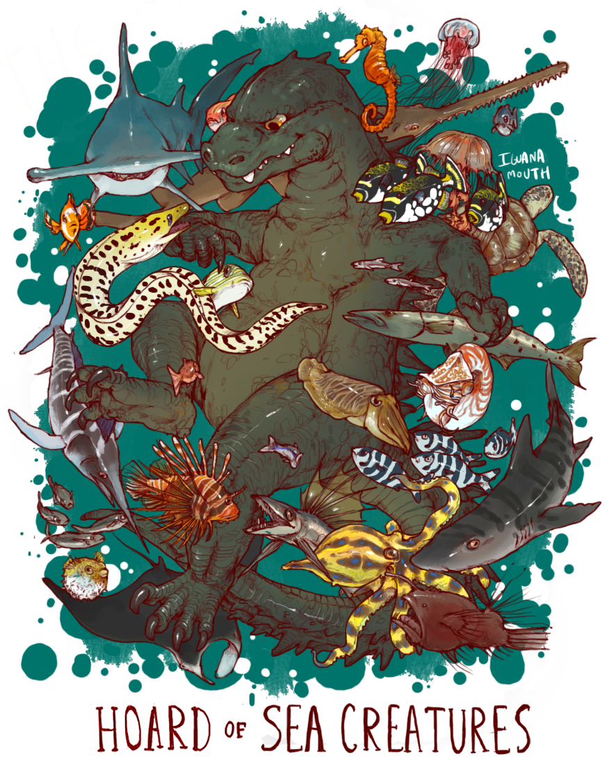 iguanamouth, original, commentary, commission, english commentary, fish request, animal focus, artist name, blue-ringed octopus, border, claws, closed mouth, creature, cuttlefish, dragon, eel, english text, fantasy, fish, green background, green scales, hammerhead shark, jellyfish, lionfish, looking at animal, nautilus (animal), no humans, ocean, octopus, orange eyes, puffer fish, sawfish, sea turtle, seahorse, shark, sharp teeth, teeth, turtle, underwater, white border
