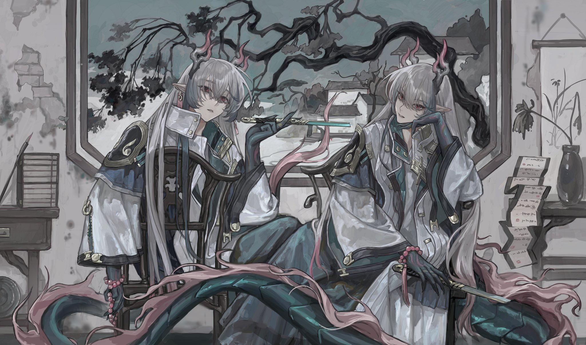 zizhisan, yi (arknights), arknights, commentary, hashtag-only commentary, highres, 2boys, bare tree, blue hands, blue pants, building, chair, clone, coat, colored extremities, dragon boy, dragon horns, dragon tail, earrings, feet out of frame, head rest, holding, holding smoking pipe, horns, indoors, jewelry, kiseru, looking at viewer, male focus, multiple boys, pants, parted lips, red eyes, sitting, sitting backwards, smoking pipe, table, tail, tree, vase, white coat