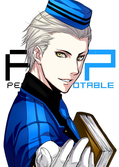 yoshizumi shuu, theodore (persona), atlus, persona, persona 3, persona 3 portable, silver hair, artist request, bad id, bad pixiv id, 1boy, book, gloves, hat, male focus, short hair, solo, typo, white background, yellow eyes