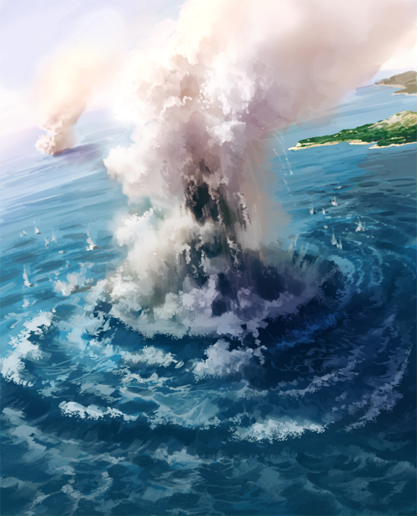 kamoi kouji, pixiv fantasia, pixiv fantasia 4, geyser, no humans, ocean, scenery, smoke, volcano, water, waves