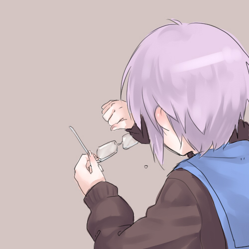 a-ka, nagato yuki, suzumiya haruhi no shoushitsu, suzumiya haruhi no yuuutsu, light purple hair, lowres, 10s, 1girl, blue hair, cardigan, female focus, from behind, glasses, holding, holding removed eyewear, purple hair, school uniform, serafuku, solo, tears, unworn eyewear, wiping tears