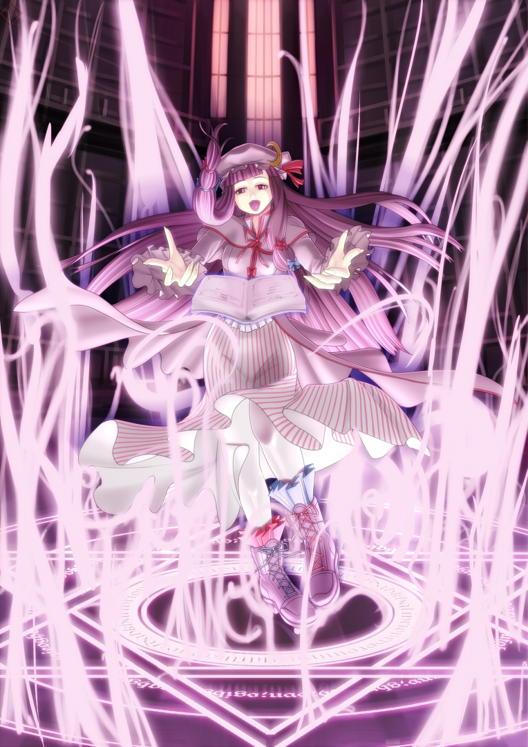 raybar, patchouli knowledge, touhou, 1girl, book, crescent moon, female focus, full body, hat, hexagram, library, magic circle, moon, open mouth, purple hair, solo, voile, window