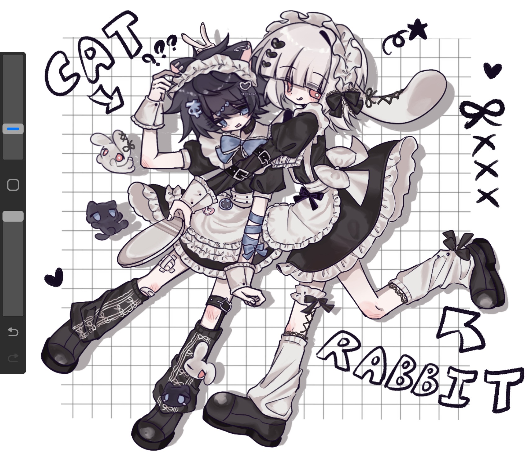 akinashi haru, tatsunami shion, saihate eki, chinese commentary, commentary request, highres, 2boys, :q, ?, ??, alternate costume, animal ear piercing, animal ears, animalization, apron, arm ribbon, art program in frame, back bow, black dress, blue eyes, blunt bangs, blush, bow, cat, cat boy, cat ears, corset piercing, crossdressing, crossdressing (mtf), dress, fashion style request, frilled dress, frilled thigh strap, frills, hair bow, hair ornament, heart, heart hair ornament, horns pose, juliet sleeves, kneehighs, lace-trimmed bow, lace-trimmed socks, lace trim, leg belt, long sleeves, loose socks, lop rabbit ears, maid, maid apron, male maid, multiple boys, person and animalization, puffy sleeves, rabbit, rabbit boy, rabbit ears, ribbon, safety pin piercing, short sleeves, socialman978, socks, thigh strap, tongue, tongue out, waist apron, white apron, white socks, wrist cuffs