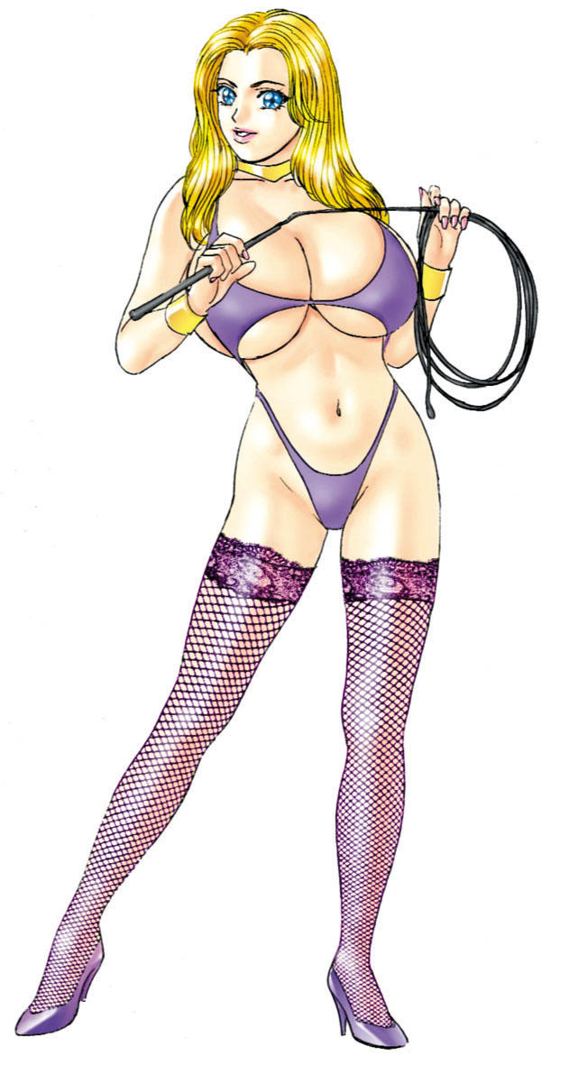 nishimaki tooru, d lovers, 1girl, bikini, blonde hair, blue eyes, breasts, cleavage, dominatrix, female focus, fishnets, high heels, holding, huge breasts, lips, long hair, long legs, mature female, mole, nail polish, shoes, solo, standing, swimsuit, thighhighs, whip, wrist cuffs