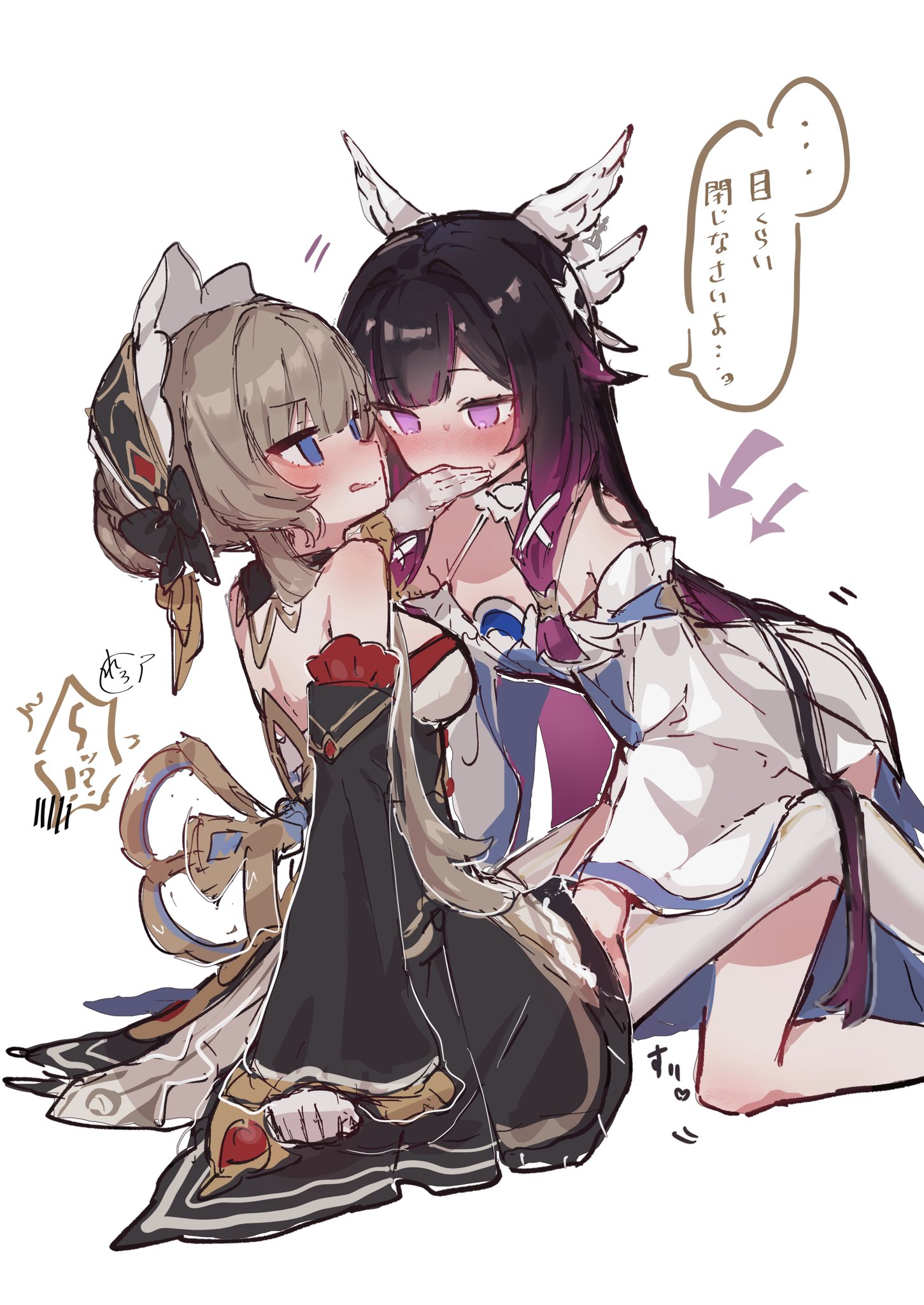 enunu 7e, columbina (genshin impact), sandrone (genshin impact), genshin impact, commentary request, highres, translation request, 2girls, arrow (symbol), backless dress, backless outfit, bare shoulders, black hair, black sleeves, blue eyes, breasts, brown hair, detached sleeves, dress, headdress, long hair, long sleeves, multicolored hair, multiple girls, purple eyes, purple hair, simple background, two-tone hair, white background