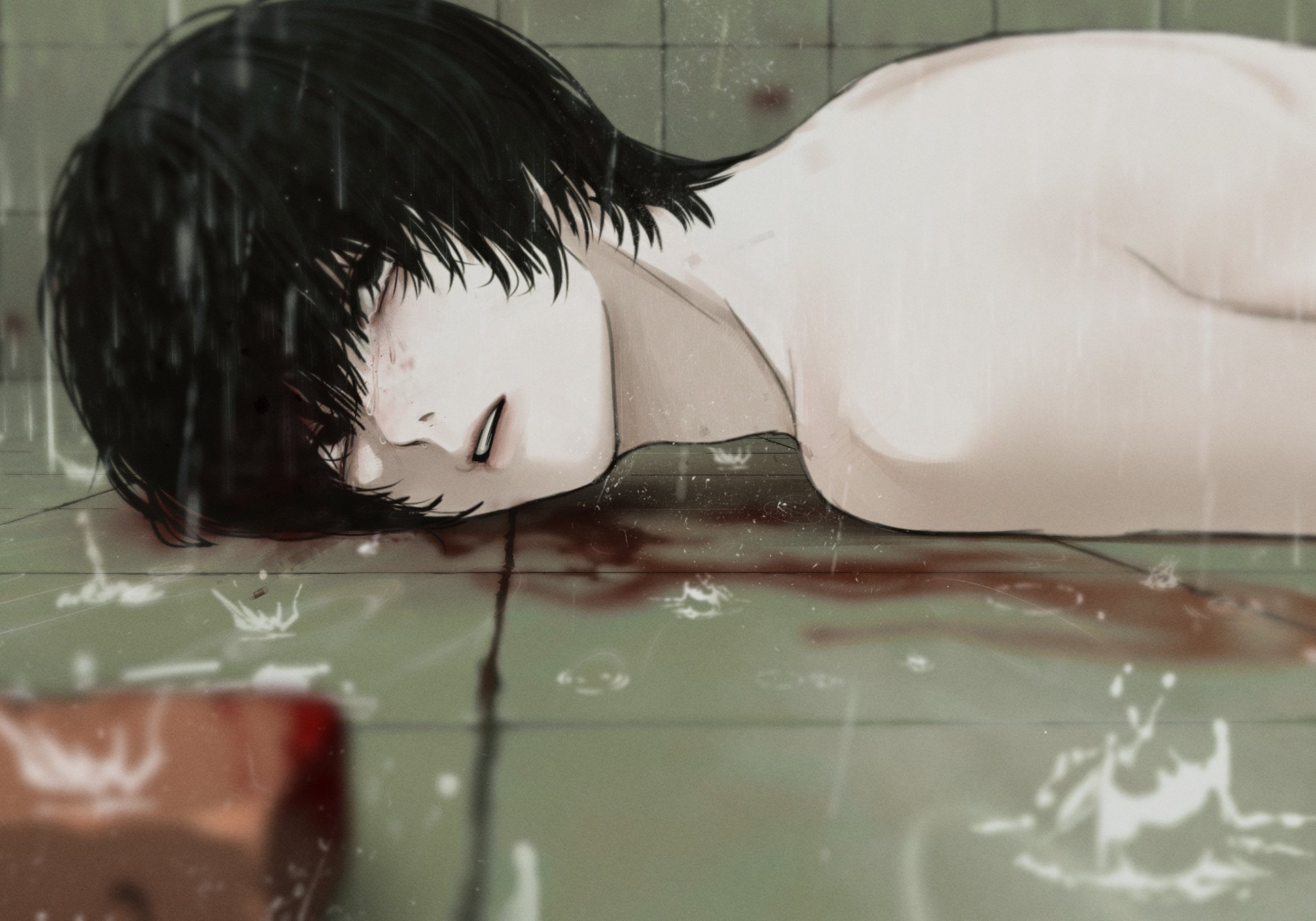 gin (euneunun), original, highres, 1boy, black eyes, black hair, blood, blood on ground, crying, falling, lying, male focus, nude, on floor, on stomach, short hair, shower (place), soap, solo, tears, wet