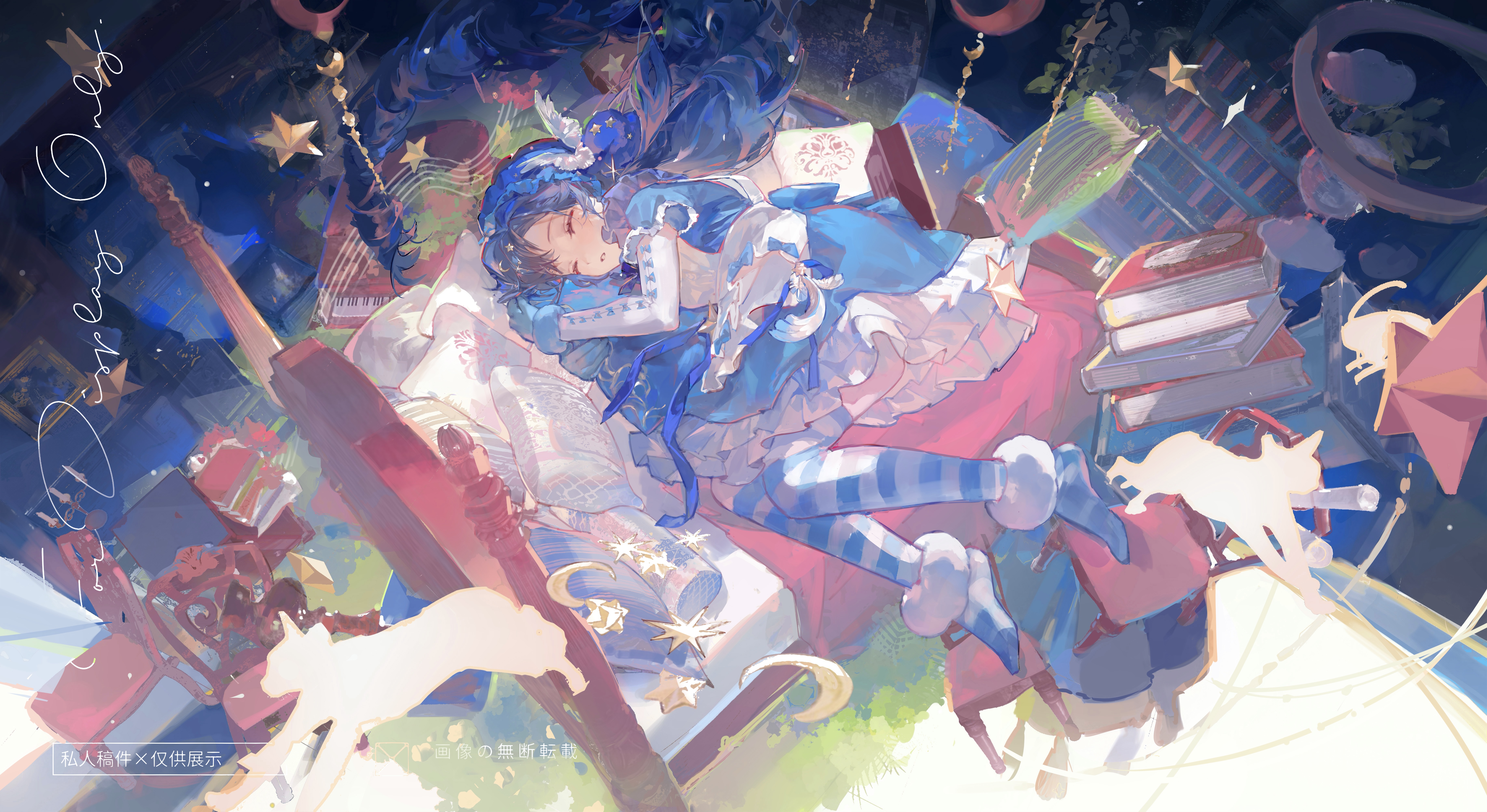 nokoya, original, absurdres, highres, 1girl, animal, bed, bed sheet, blanket, blue bow, blue dress, blue gloves, blue hair, book, book stack, bookshelf, bow, candle, candlestand, cat, chair, closed eyes, dress, floating, floating object, frilled dress, frills, full body, gloves, hair ornament, indoors, lamp, long hair, on bed, one side up, parted lips, picture frame, shelf, short sleeves, sleeping, solo, star (symbol), star hair ornament, striped clothes, striped thighhighs, thighhighs, two-tone dress, watermark