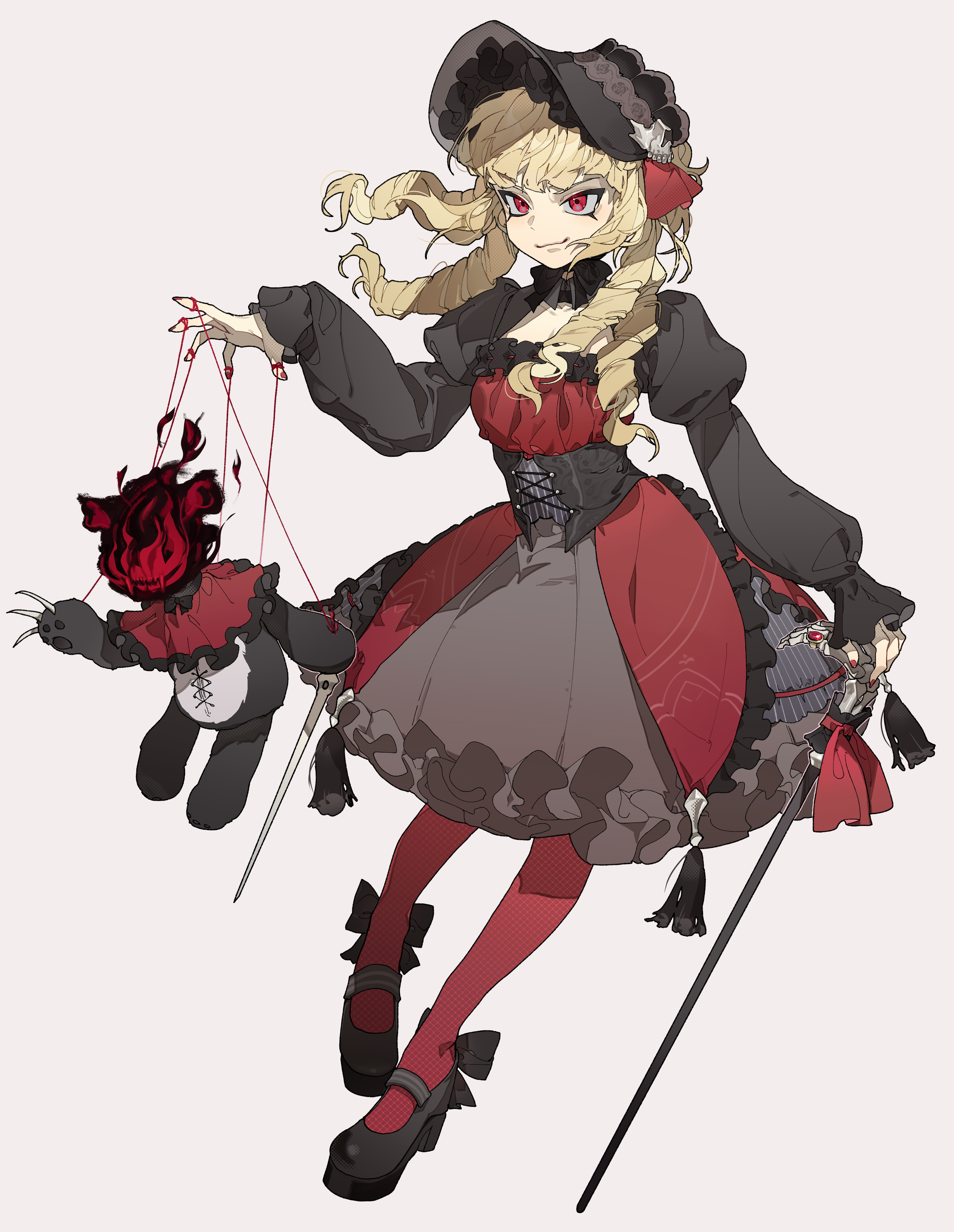 shimiya jin, original, absurdres, commentary request, commission, highres, pixiv commission, 1girl, blonde hair, blonde ojousama (sagix), bonnet, cane, dress, drill hair, full body, gothic lolita, lolita fashion, long hair, pantyhose, puppet strings, red eyes, red pantyhose, smile, solo, stuffed animal, stuffed toy, teddy bear