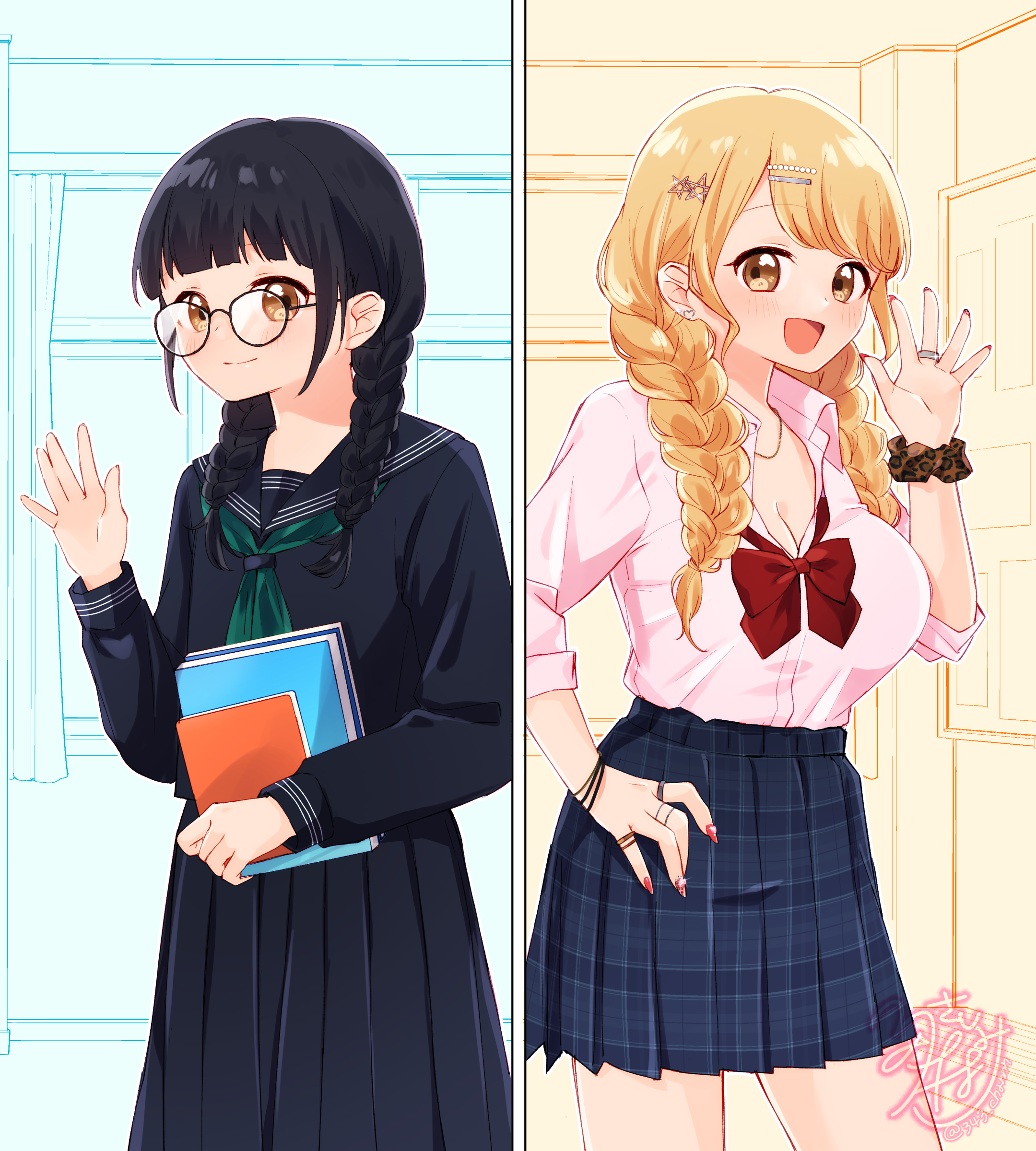 sashimi (hitocelll), original, absurdres, commentary request, commission, highres, skeb commission, 1girl, :d, bimbofication, black hair, blonde hair, braid, corruption, dual persona, earrings, eyelashes, glasses, gyaru, hair ornament, hairclip, happy, jewelry, light blush, long hair, looking at viewer, low twin braids, low twintails, open mouth, ring, school uniform, scrunchie, serafuku, skirt, smile, solo, standing, twin braids, twintails, waving, wrist scrunchie, yellow eyes