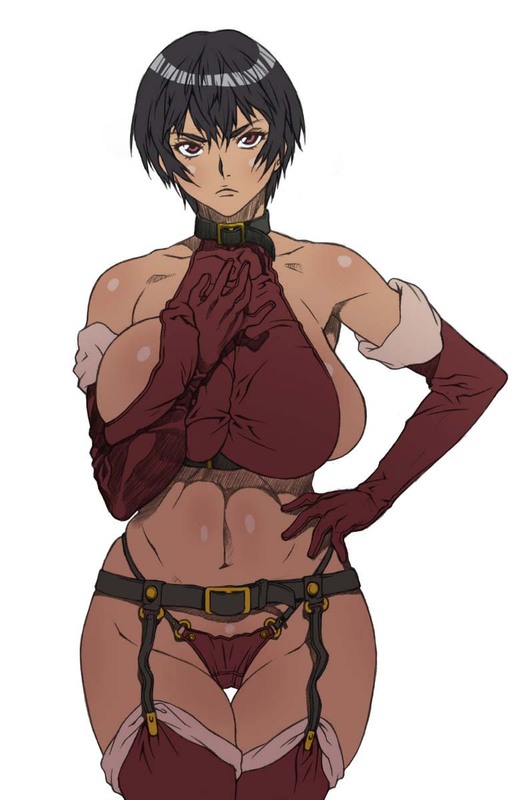 kei (bekei), 1girl, black hair, breast press, breasts, collar, dark-skinned female, dark skin, deep skin, elbow gloves, female focus, garter belt, gloves, halterneck, huge breasts, leash, panties, short hair, solo, thighhighs, underwear