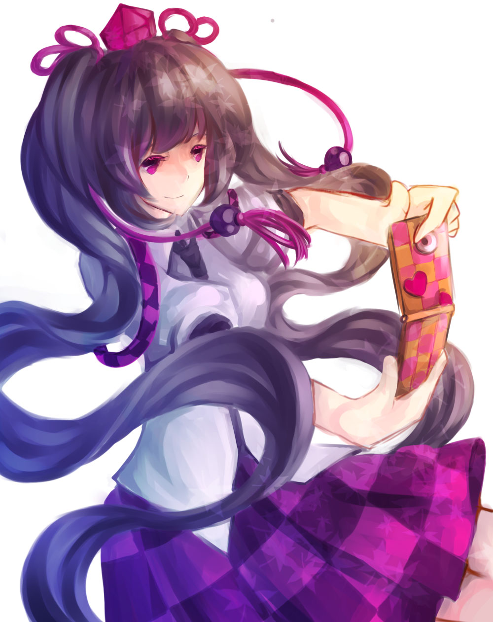 mewkoala, himekaidou hatate, touhou, bad id, bad pixiv id, highres, 1girl, female focus, hat, long hair, necktie, pointy ears, skirt, solo, tokin hat, twintails