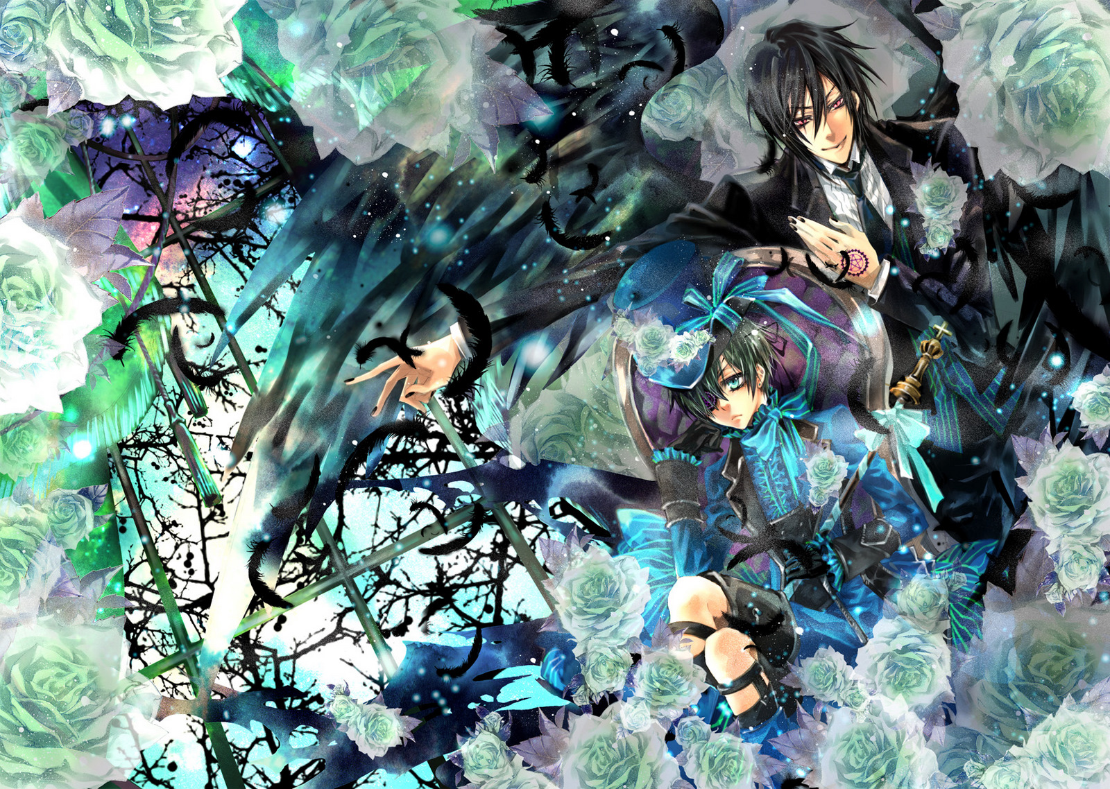 lee sun young, ciel phantomhive, sebastian michaelis, kuroshitsuji, highres, 2boys, black hair, black nails, blue eyes, eyepatch, feathers, flower, formal clothes, gloves, green rose, hat, male focus, multiple boys, nail polish, red eyes, rose, suit, top hat