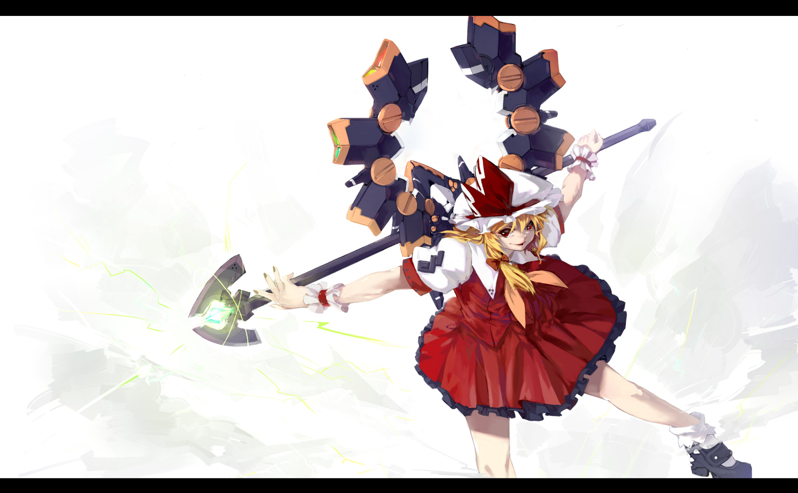 tlman, flandre scarlet, embodiment of scarlet devil, touhou, highres, 1girl, alternate wings, black socks, blonde hair, blouse, female focus, hat, letterboxed, mechanical wings, mob cap, red eyes, shirt, short hair, socks, solo, staff, white background, white hat, white shirt, white socks, wings