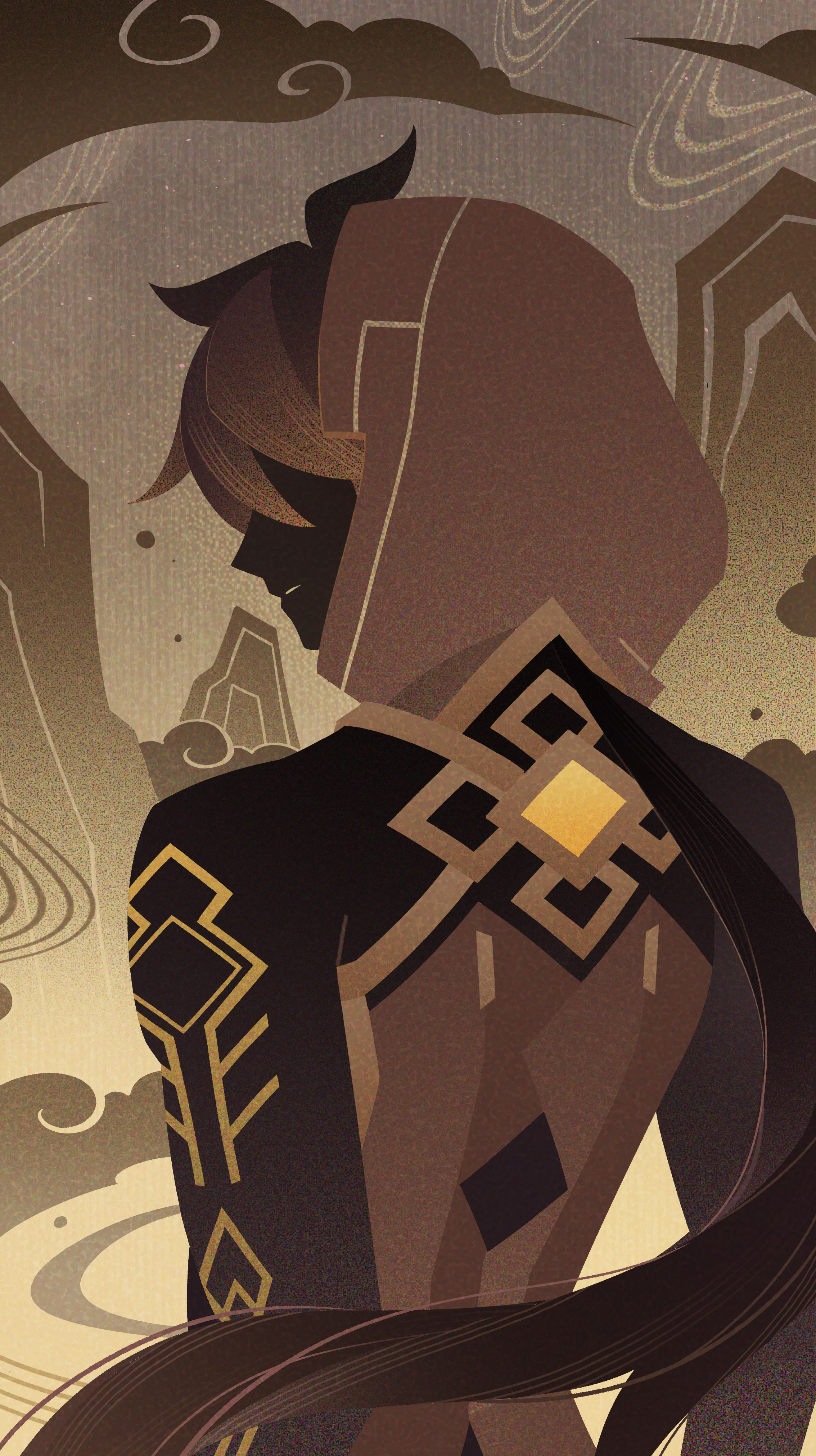zhongli (archon) (genshin impact), zhongli (genshin impact), genshin impact, absurdres, highres, 1boy, arm tattoo, black hair, brown hair, cloak, closed mouth, flat color, from behind, genius invokation tcg (style), gradient hair, hood, hood up, hooded cloak, long hair, male focus, multicolored hair, official alternate costume, ponytail, solo, suzhigao youcuoma, tattoo, upper body