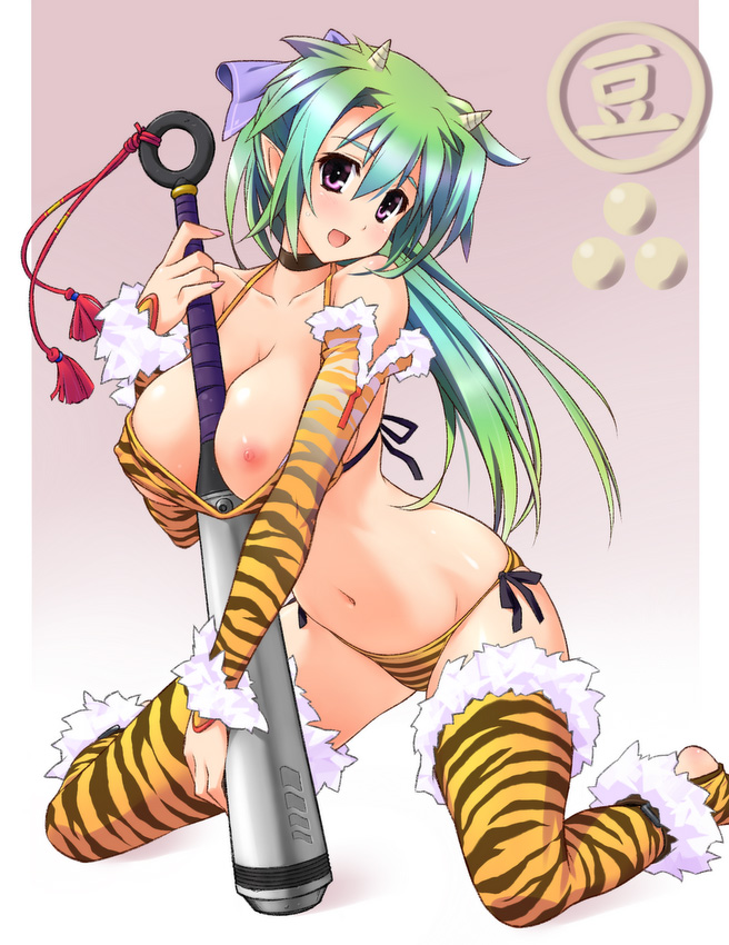 itoji, original, 1girl, animal print, barefoot, between breasts, blush, breasts, cleavage, club, club (weapon), female focus, green hair, horns, kanabou, large breasts, long hair, monster girl, nipples, oni, pointy ears, purple eyes, solo, thighhighs, tiger print, toeless legwear, weapon