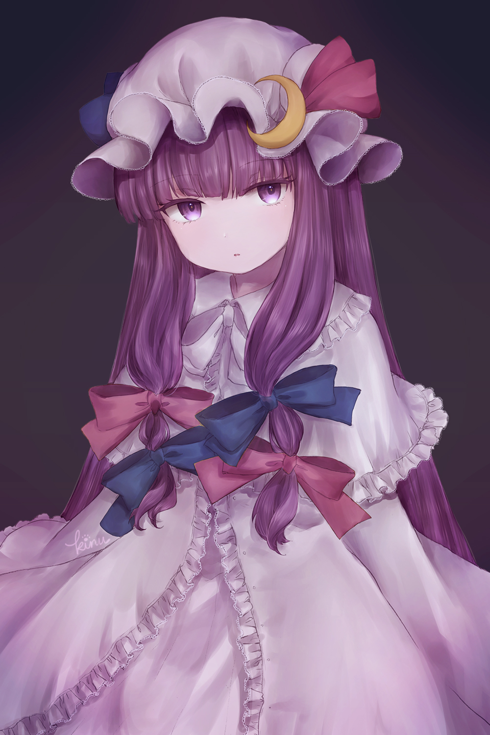 bebitera, patchouli knowledge, touhou, commentary request, highres, 1girl, artist name, blue bow, bow, crescent, crescent hat ornament, dress, frilled dress, frills, hair bow, hat, hat ornament, long dress, long hair, long sidelocks, looking at viewer, mob cap, parted lips, pink dress, pink hat, purple eyes, purple hair, red bow, sidelocks, solo