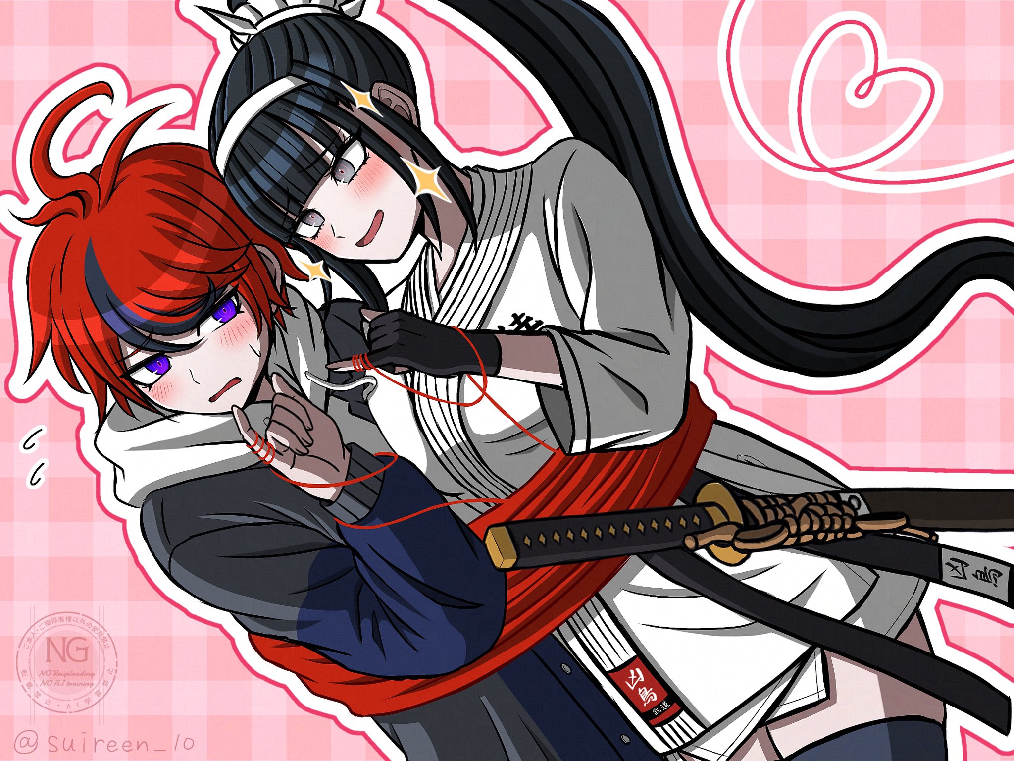 suiren yurei, magadori kyoshika, sumino takumi, the hundred line -last defense academy-, commentary request, highres, 1boy, 1girl, ahoge, black gloves, black hair, black streaks, black thighhighs, blue eyes, blue jacket, blush, dougi, entangled, fingerless gloves, gloves, grey eyes, grey jacket, hairband, hetero, hood, hoodie, jacket, jacket over hoodie, katana, long hair, looking at another, multicolored hair, multicolored jacket, open clothes, open jacket, outline, pink background, ponytail, red hair, sheath, sheathed, short hair, streaked hair, string, string of fate, sword, thighhighs, twitter username, two-tone hair, two-tone jacket, watermark, weapon, white hairband, white hoodie, white outline