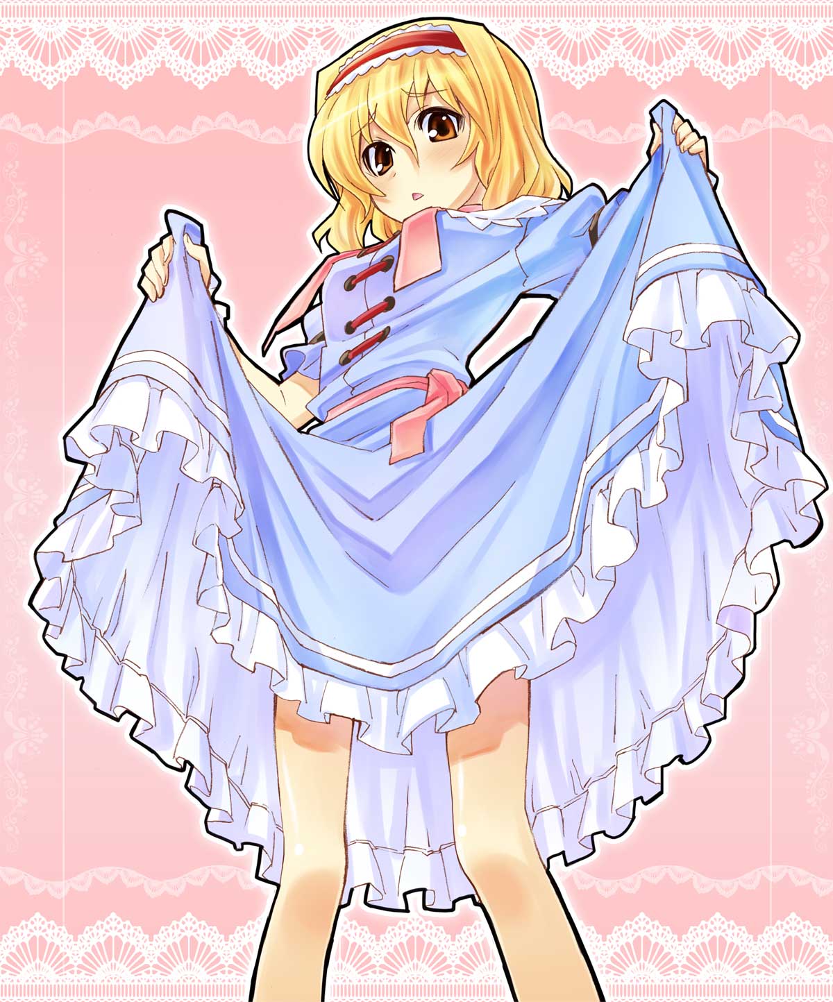 sakino shingetsu, alice margatroid, the iron of yin and yang, touhou, highres, 1girl, blonde hair, blush, brown eyes, clothes lift, dress, dress lift, embarrassed, female focus, frills, from below, frown, gathers, hairband, legs, short hair, simple background, solo