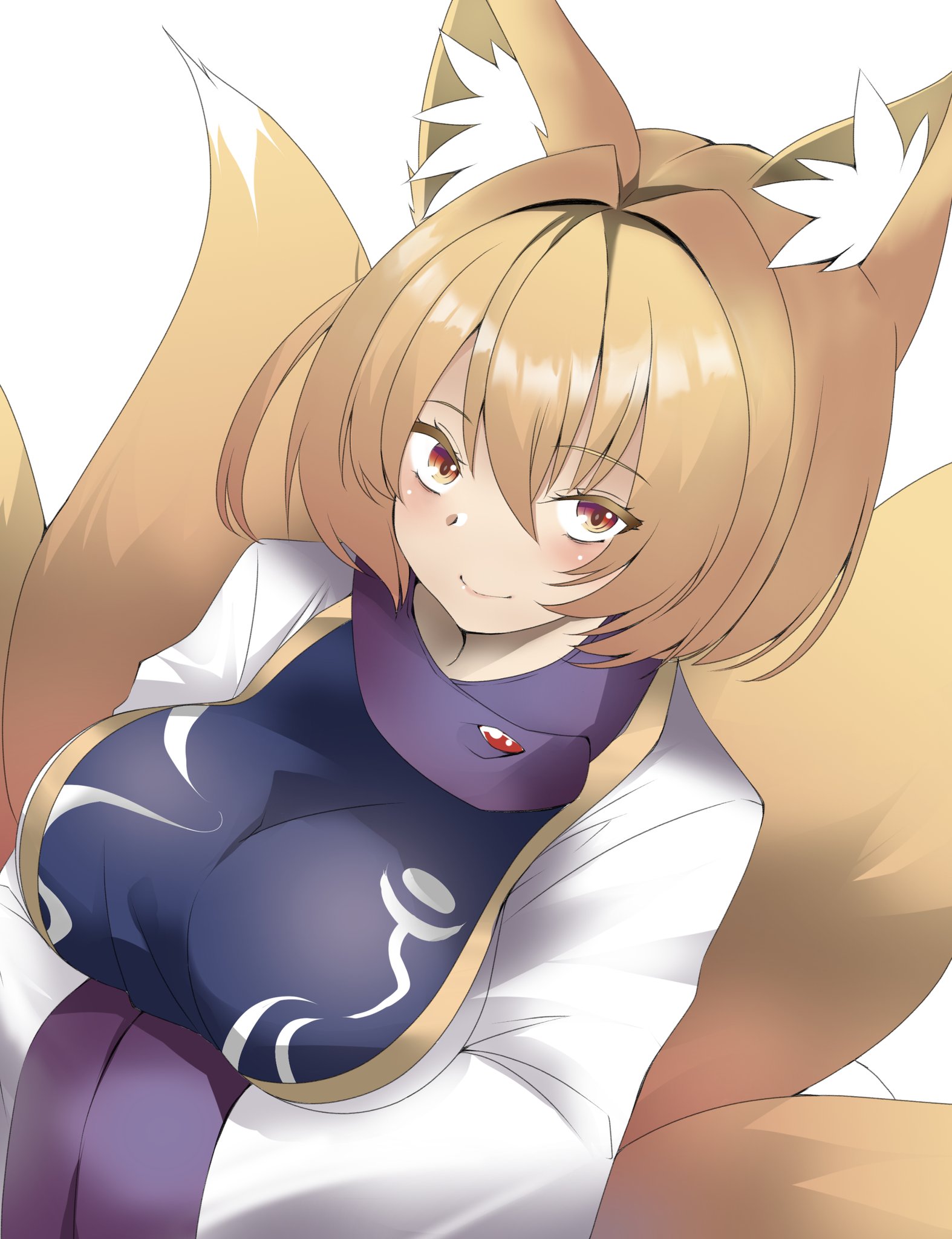 sunaguma, yakumo ran, touhou, commentary request, highres, 1girl, animal ear fluff, animal ears, blonde hair, blue tabard, breasts, closed mouth, collar, crossed bangs, dress, fox ears, fox girl, fox tail, hair between eyes, hair intakes, hands in opposite sleeves, large breasts, long sleeves, looking at viewer, looking up, multiple tails, no headwear, purple collar, purple trim, short hair, smile, solo, tabard, tail, upper body, white dress, wide sleeves, yellow eyes