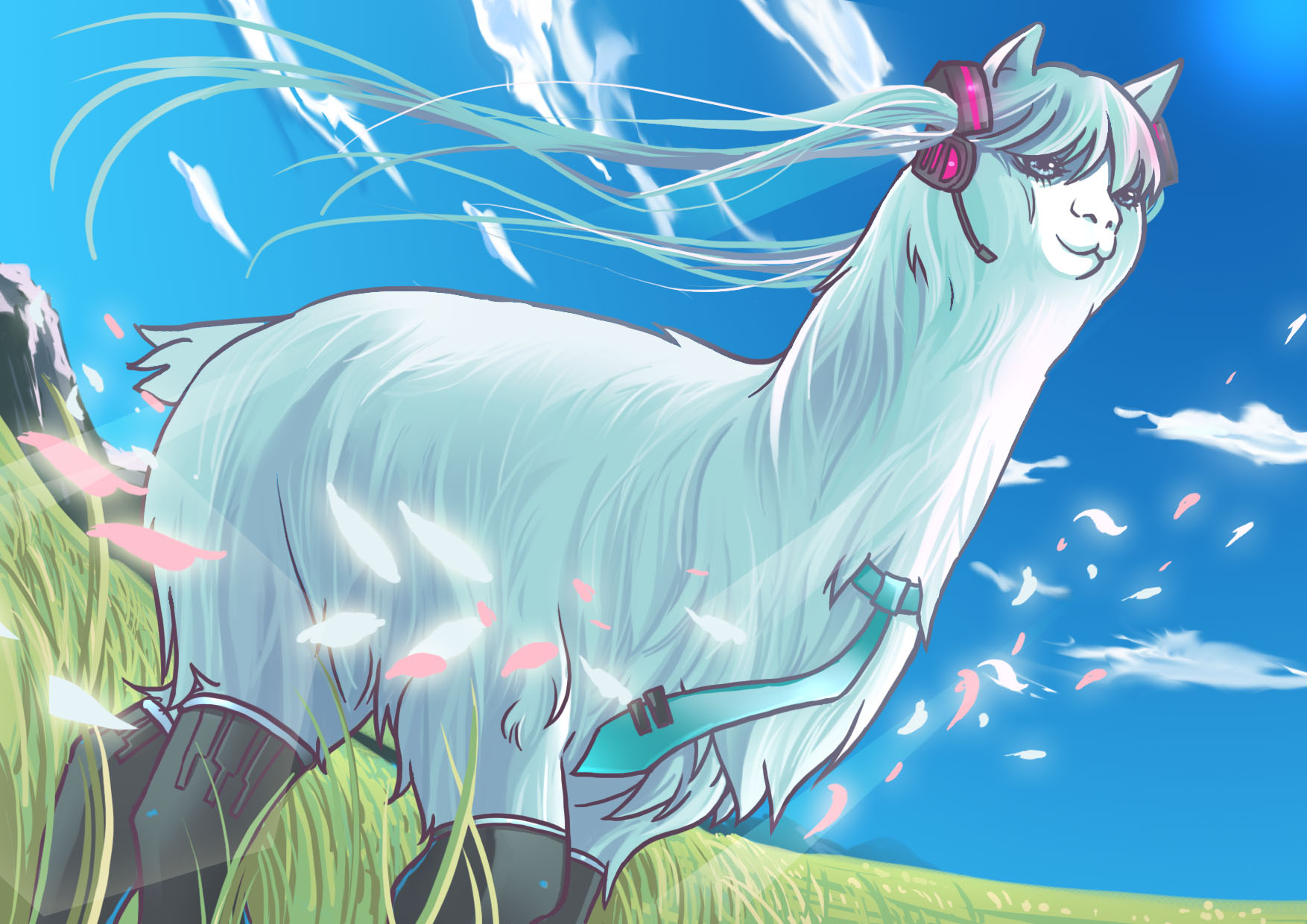 natsukijia, hatsune miku, vocaloid, world is mine (vocaloid), bad id, bad pixiv id, highres, alpaca, animal, animalization, blue hair, boots, cloud, day, dutch angle, grass, llama, mountain, necktie, no humans, outdoors, parody, sky, transformation, twintails, what