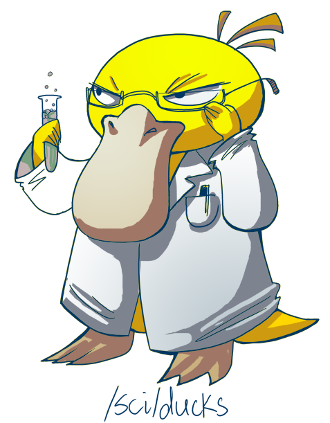 psyduck, 4chan, nintendo, pokemon, adjusting eyewear, gen 1 pokemon, glasses, lab coat, no humans, pen, pokemon (creature), pun, science, simple background, test tube, white background