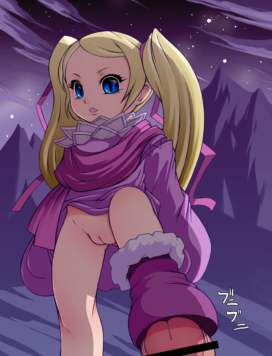 noise (lesion949), niche (tegami bachi), tegami bachi, trampling, blonde hair, blue eyes, bottomless, cleft of venus, crushing, footjob, loli, no panties, penis, pussy, shoejob, stomping, twintails, uncensored