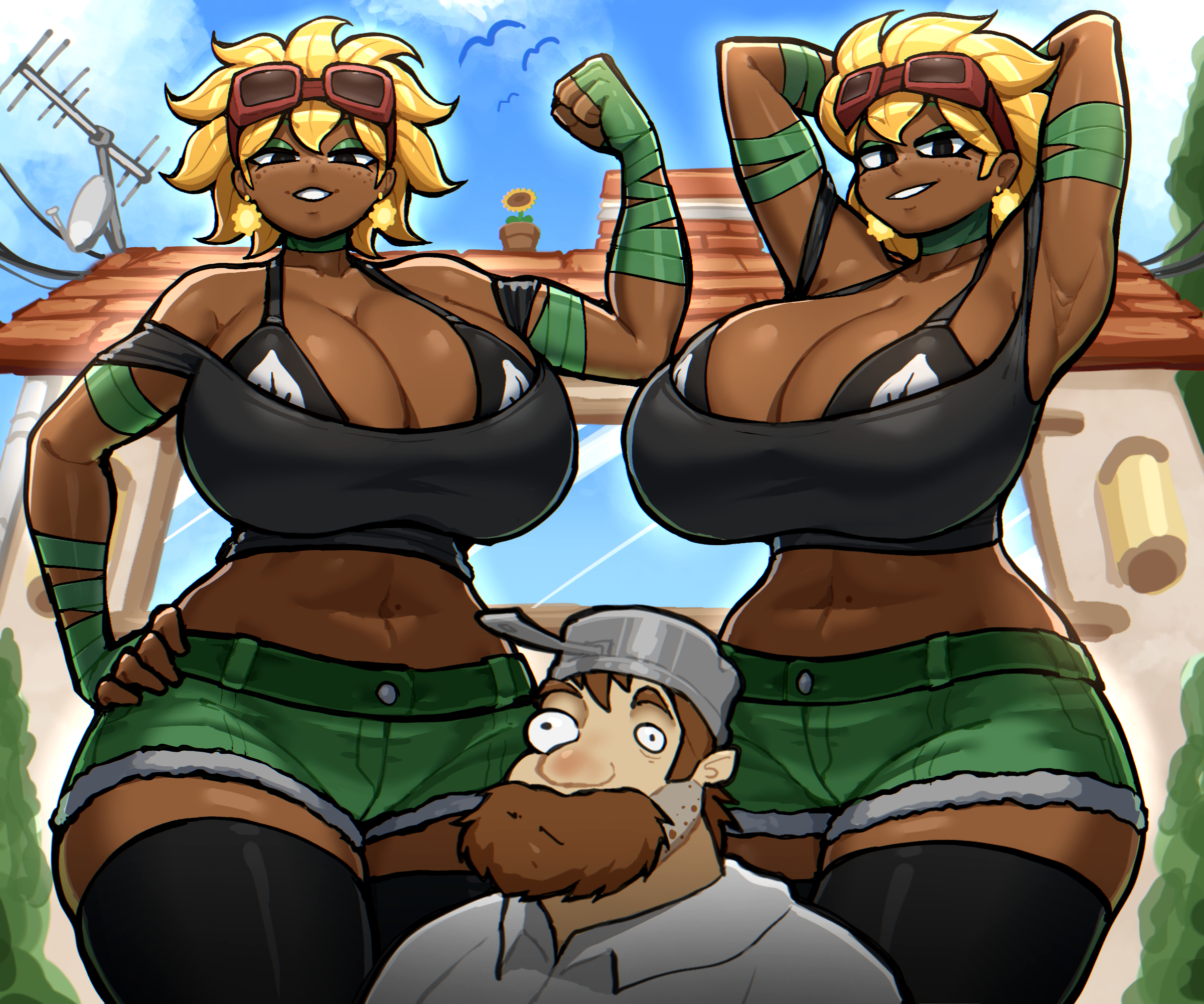 hado (zzzhadozzz), crazy dave (plants vs. zombies), solar flare (plants vs. zombies), solar flare (plants vs. zombies) (peargor), plants vs. zombies, highres, non-web source, black bra, black thighhighs, blonde hair, bra, breasts, choker, crop top, dark-skinned female, dark skin, denim, denim shorts, eyeshadow, goggles, goggles on head, green eyeshadow, green shorts, grin, huge breasts, makeup, midriff, navel, personification, shorts, smile, strap slip, tank top, thick thighs, thighhighs, thighs, underwear