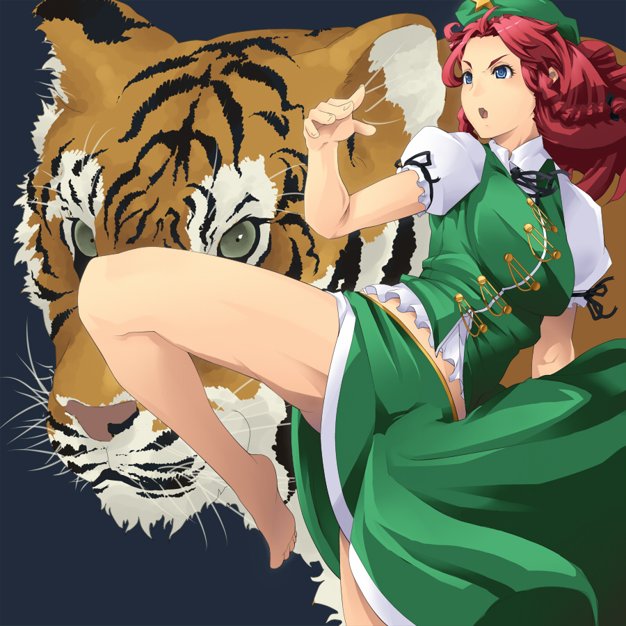mikanbako, hong meiling, embodiment of scarlet devil, touhou, 1girl, barefoot, blue eyes, braid, breasts, chinese clothes, feet, female focus, fighting stance, hat, kicking, long hair, red hair, skirt, solo, tiger, twin braids