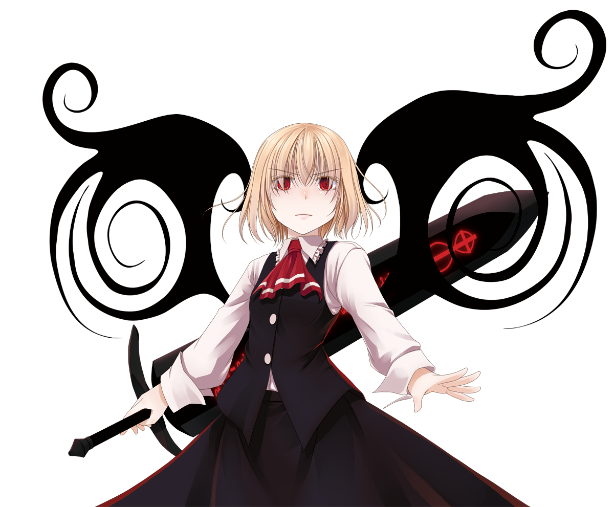 crote, ex-rumia, rumia, touhou, commentary request, large variant set, variant set, 1girl, ascot, black skirt, black vest, black wings, blonde hair, buttons, closed mouth, collared shirt, cowboy shot, frilled shirt collar, frills, hair between eyes, holding, holding behind back, holding sword, holding sword behind back, holding weapon, holding weapon behind back, huge weapon, long sleeves, looking at viewer, red ascot, red eyes, shirt, short hair, skirt, sleeve cuffs, solo, standing, sword, transparent background, v-shaped eyebrows, vest, weapon, white shirt, wide-eyed, wings
