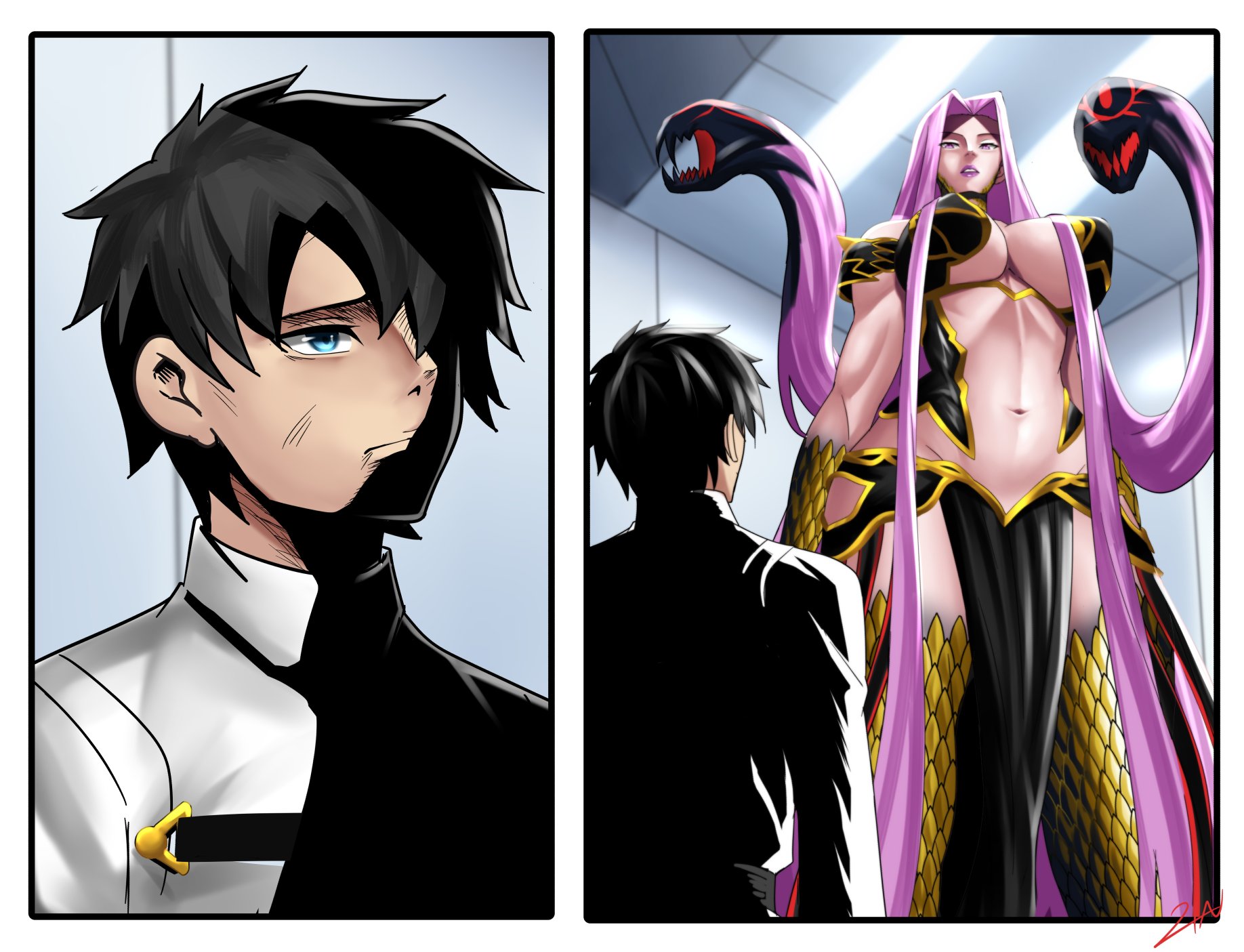 zinfian, fujimaru ritsuka (male), gorgon (fate), medusa (fate), rider, dc comics, fate/grand order, fate (series), superman (series), commentary, english commentary, highres, 1boy, 1girl, 2boys, black hair, breasts, gold scales, huge breasts, long hair, multiple boys, parody, partially shaded face, pelvic curtain, purple hair, scales, scene reference, size difference, snake hair, very long hair