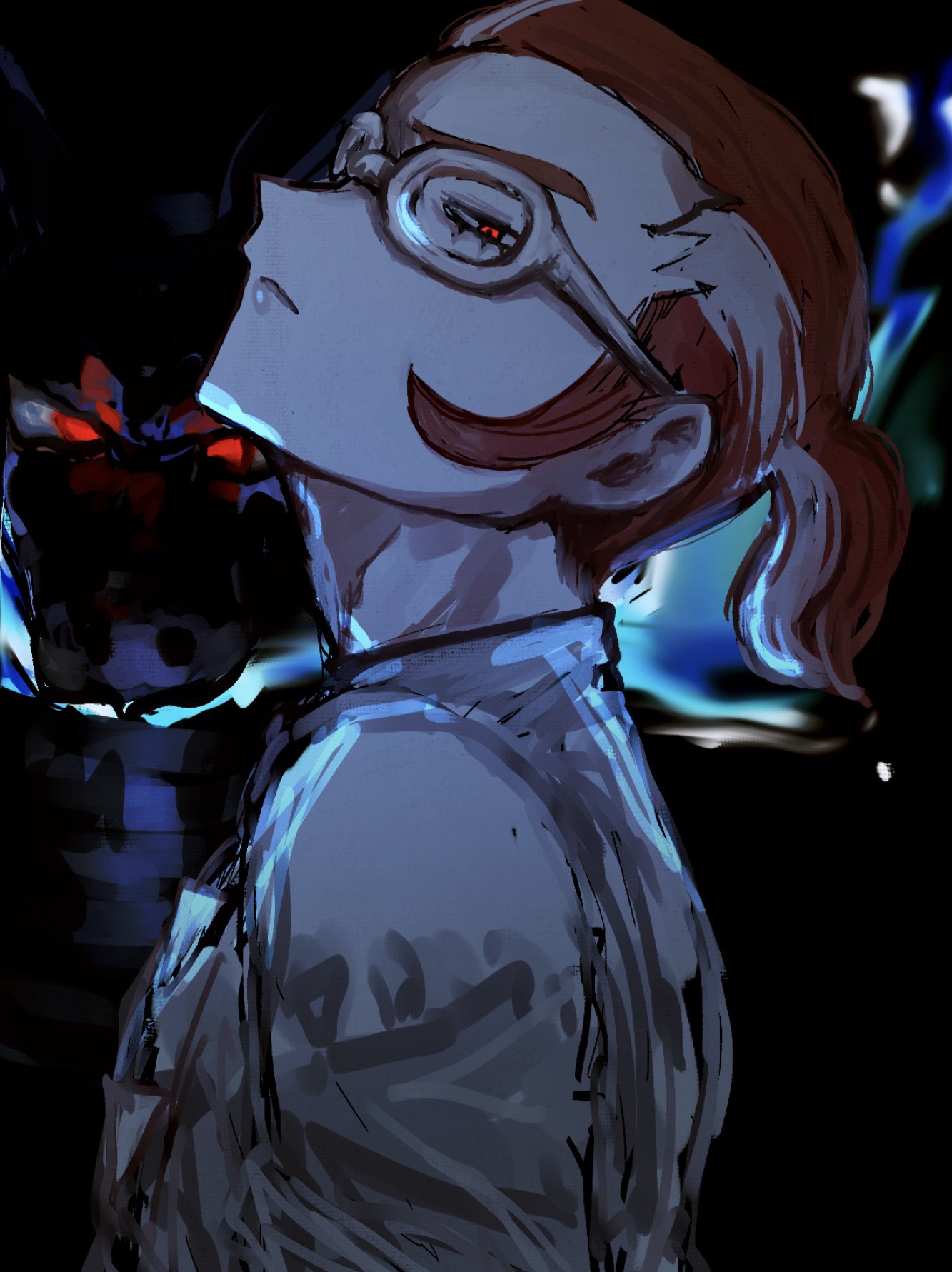 gin no pomeranian, charizard, grisham (pokemon), nintendo, pokemon, pokemon legends: z-a, commentary request, highres, unfinished, 1boy, adam's apple, black background, closed mouth, frown, gen 1 pokemon, glasses, head back, looking at viewer, male focus, multicolored hair, pokemon (creature), ponytail, red eyes, red hair, shirt, sideburns, solo, streaked hair, upper body, white-framed eyewear, white hair, white shirt